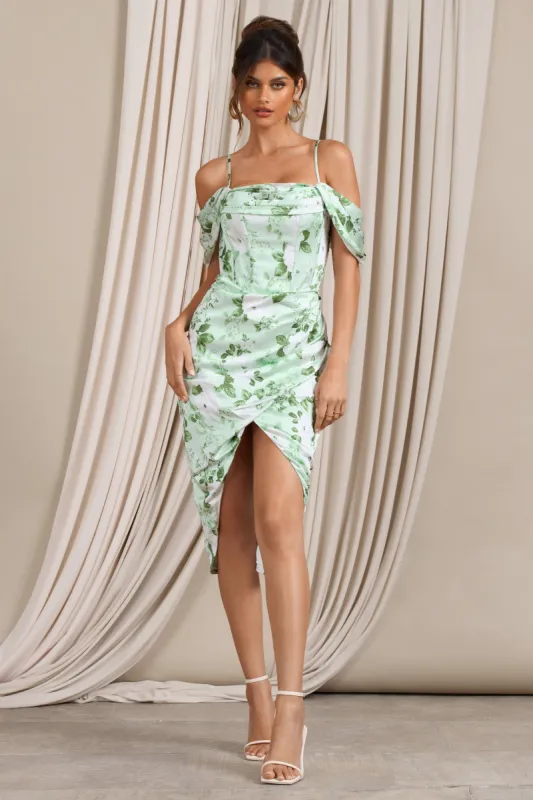 Deserving | White & Green Floral Print Satin Bardot Sleeve Corset Wrap Midi Dress sold by Club L London
