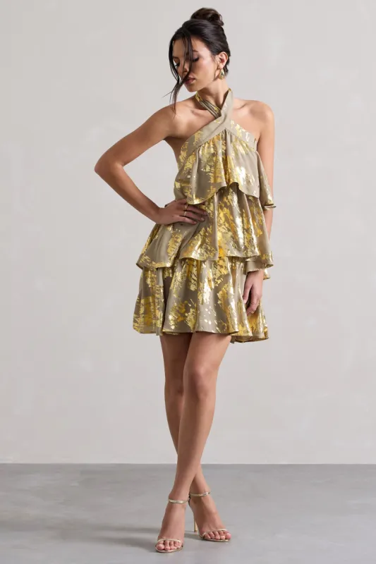 Alecia | Metallic Gold Halter-Neck Ruffle Mini Dress sold by Club L London
