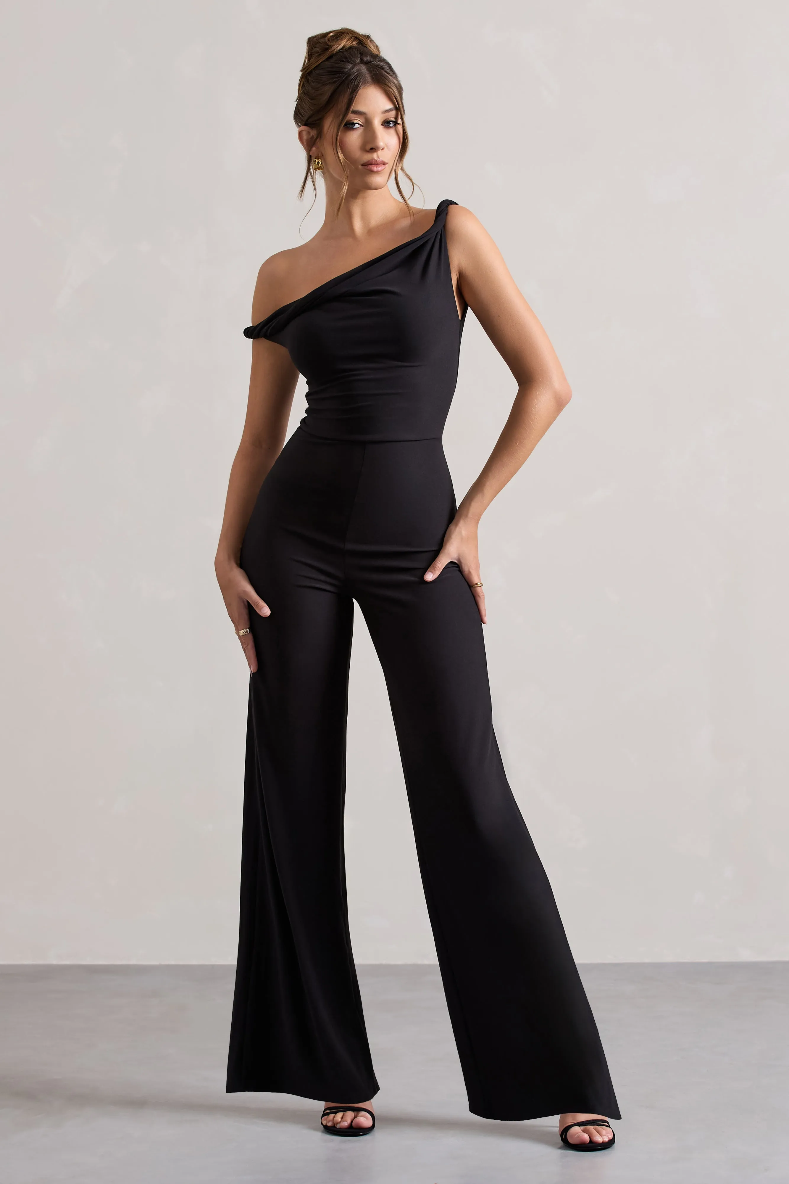 Hayes | Black Twisted Asymmetric Wide-Leg Jumpsuit sold by Club L London
