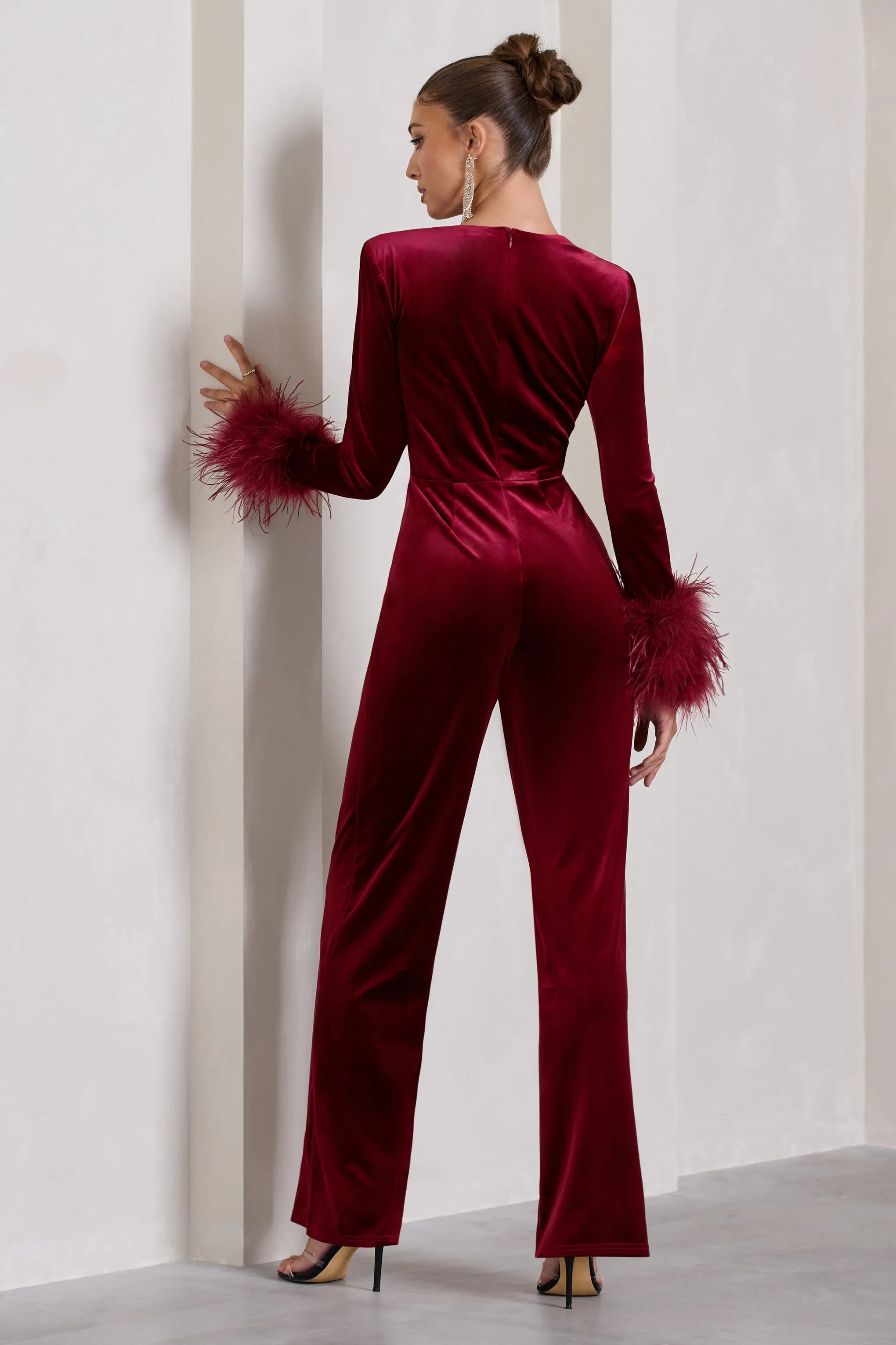 Trailblazer | Berry Red Velvet Long-Sleeved Jumpsuit With Feather Cuffs sold by Club L London product image thumbnail 2