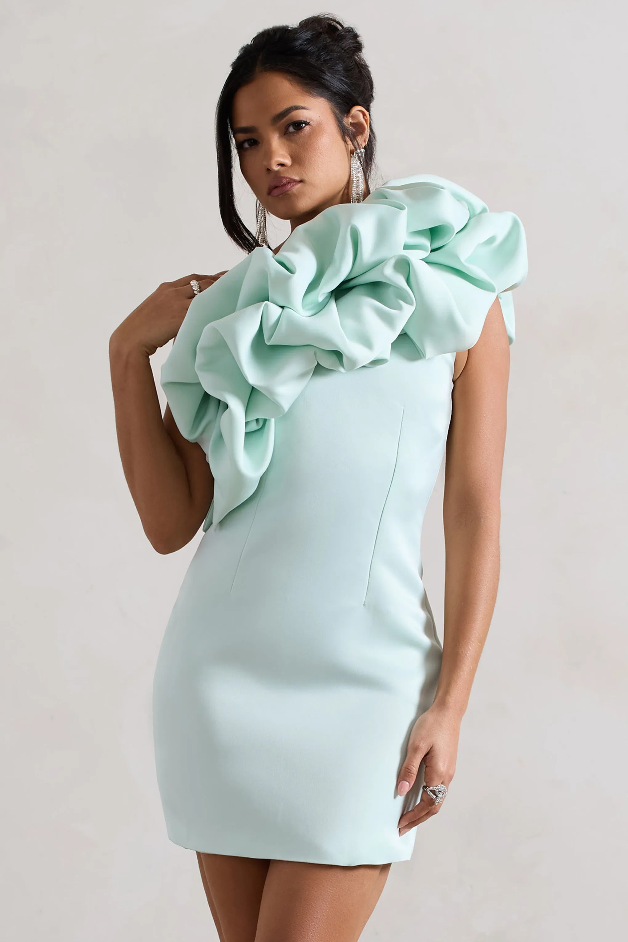 At The Opera | Mint Satin One Shoulder Ruffled Mini Dress sold by Club L London product image thumbnail 4
