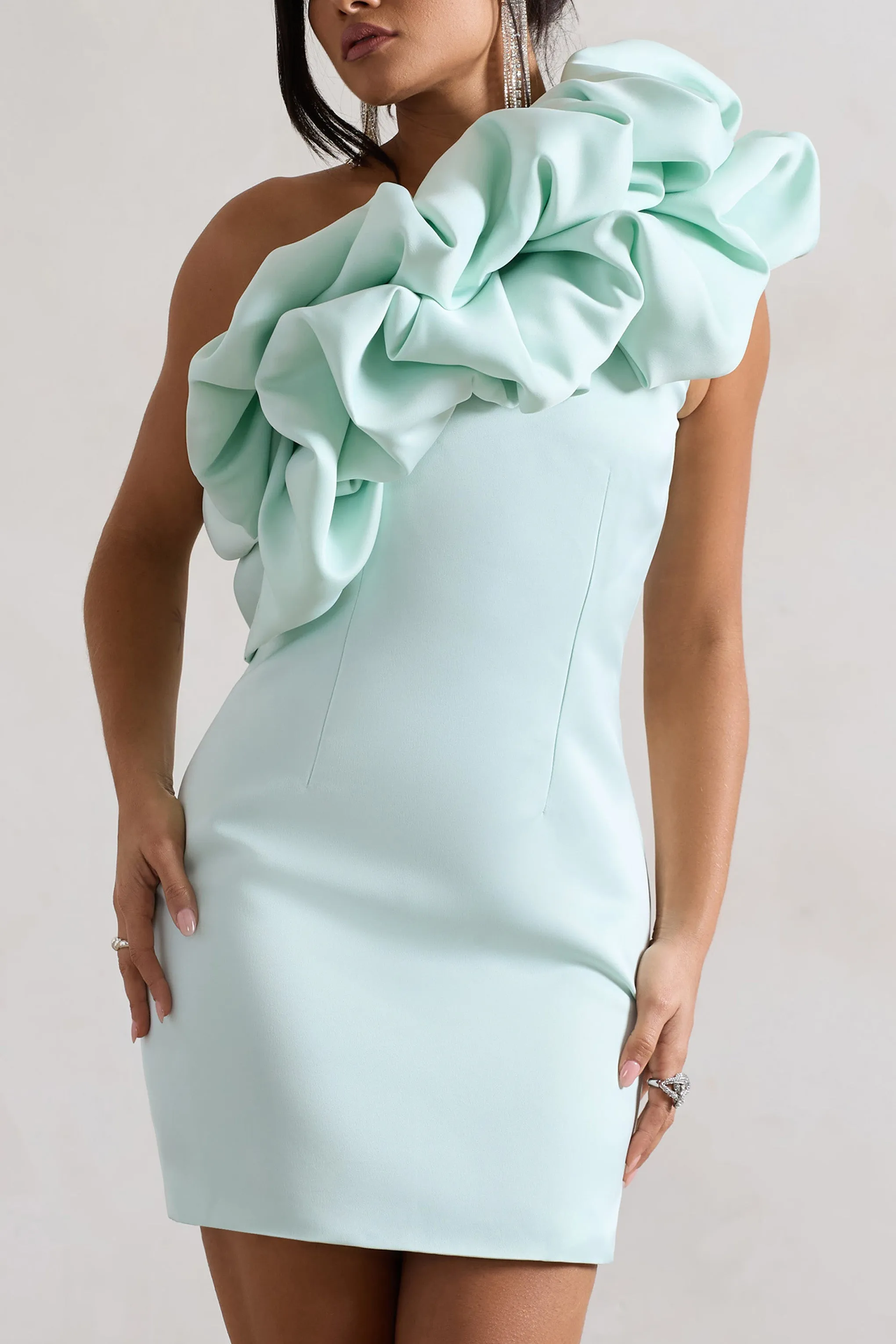 At The Opera | Mint Satin One Shoulder Ruffled Mini Dress sold by Club L London product image thumbnail 5