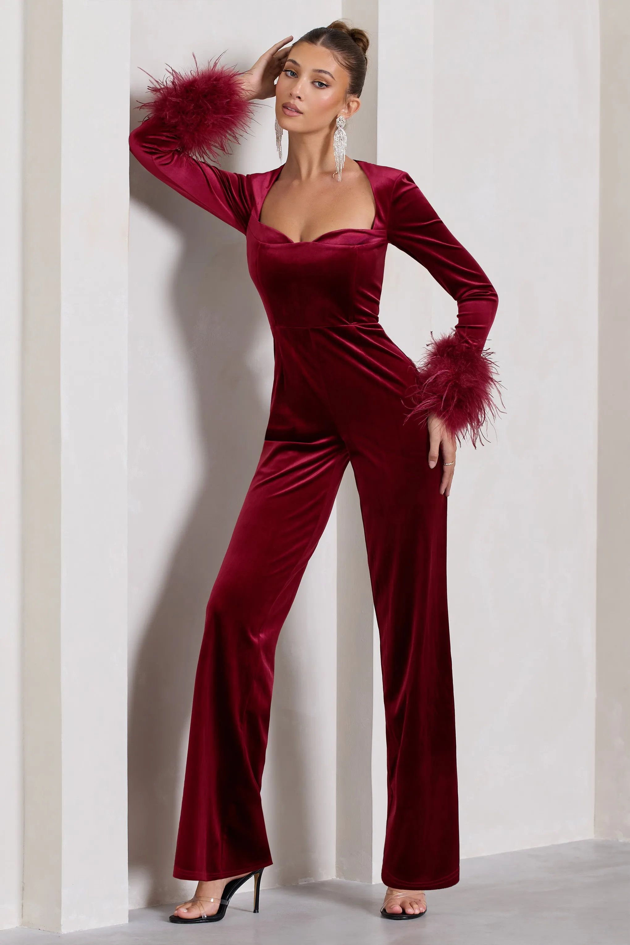 Trailblazer | Berry Red Velvet Long-Sleeved Jumpsuit With Feather Cuffs sold by Club L London product image thumbnail 4