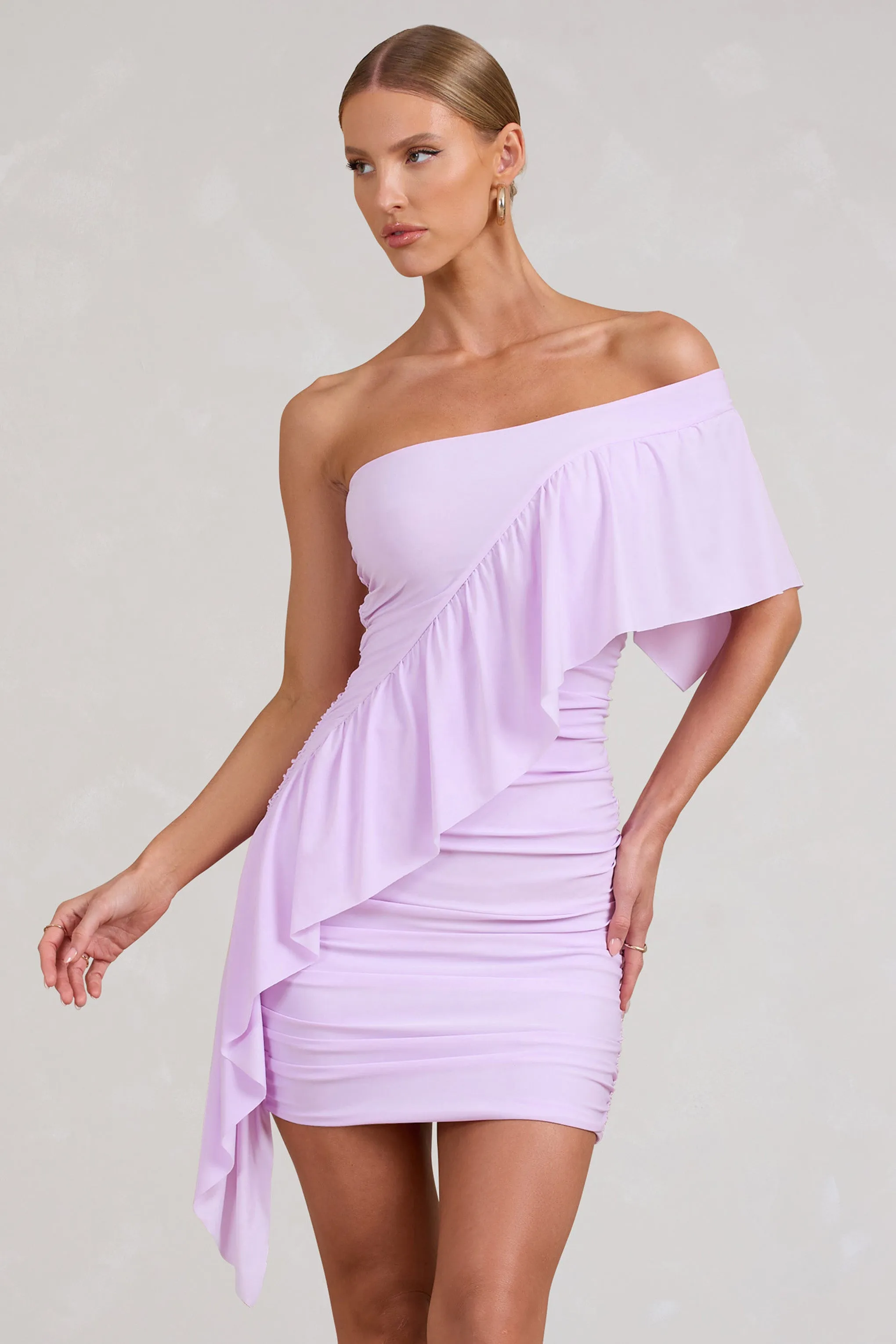 Parfait | Lilac Asymmetric Ruched Mini Dress With Statement Ruffles sold by Club L London product image thumbnail 5