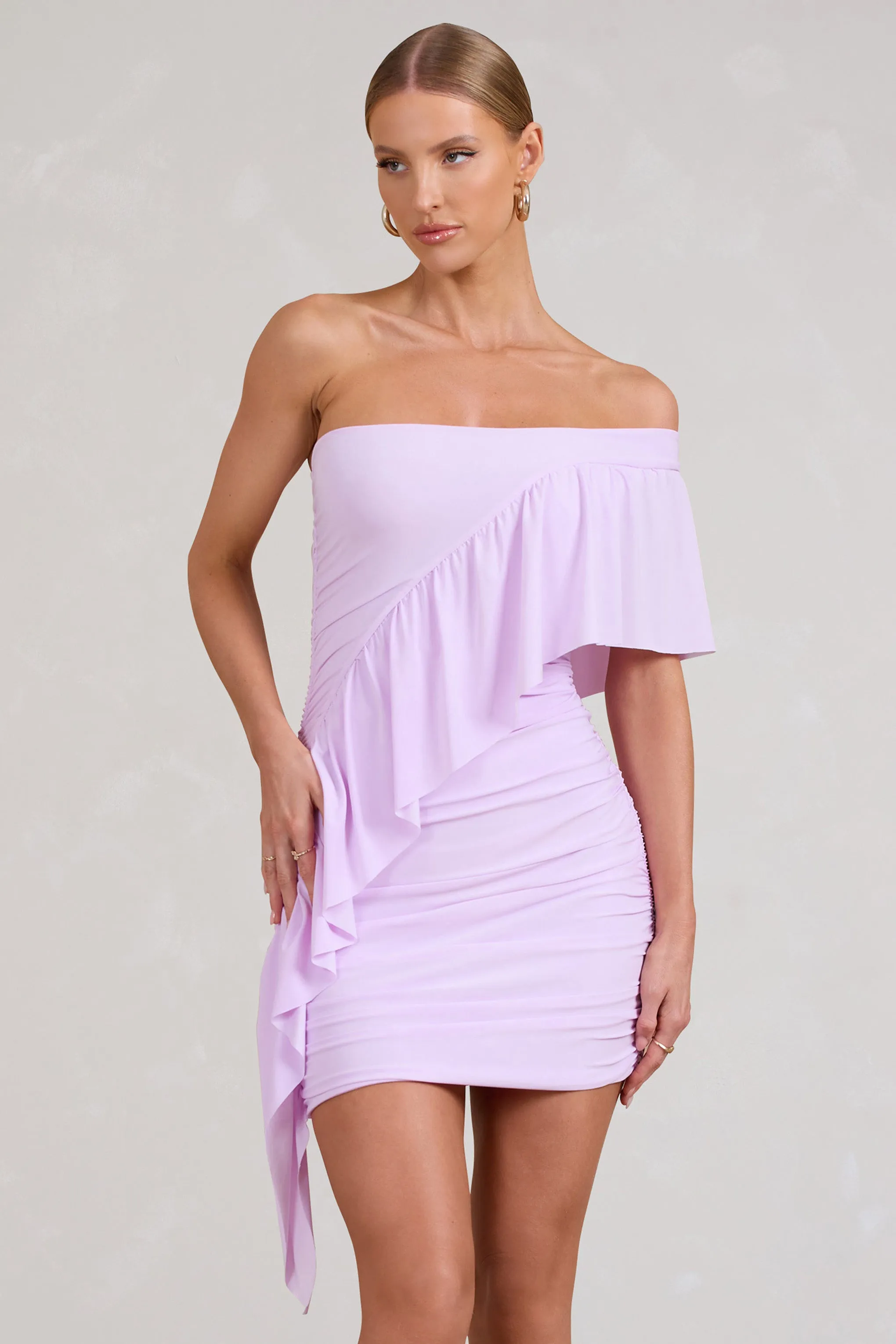 Parfait | Lilac Asymmetric Ruched Mini Dress With Statement Ruffles sold by Club L London product image thumbnail 4