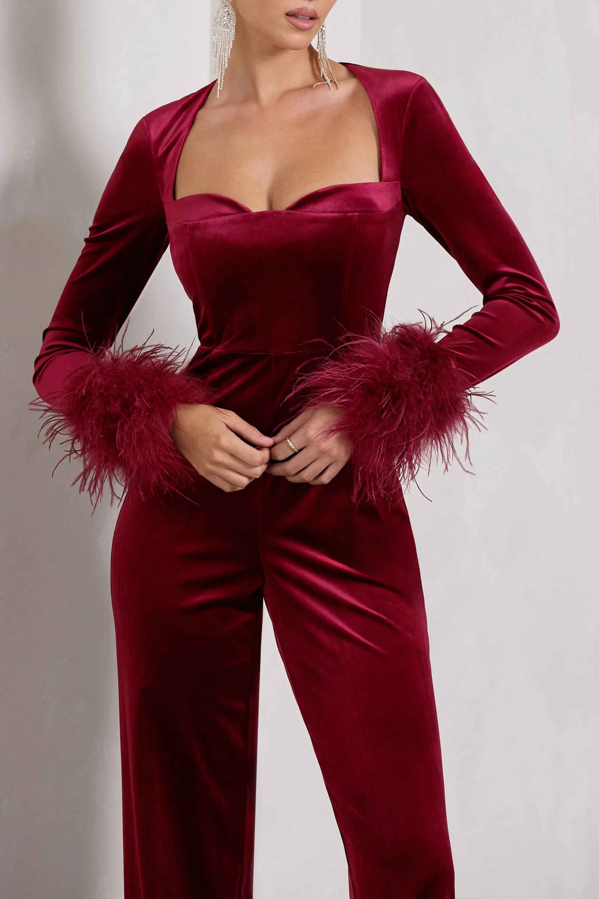 Trailblazer | Berry Red Velvet Long-Sleeved Jumpsuit With Feather Cuffs sold by Club L London product image thumbnail 5