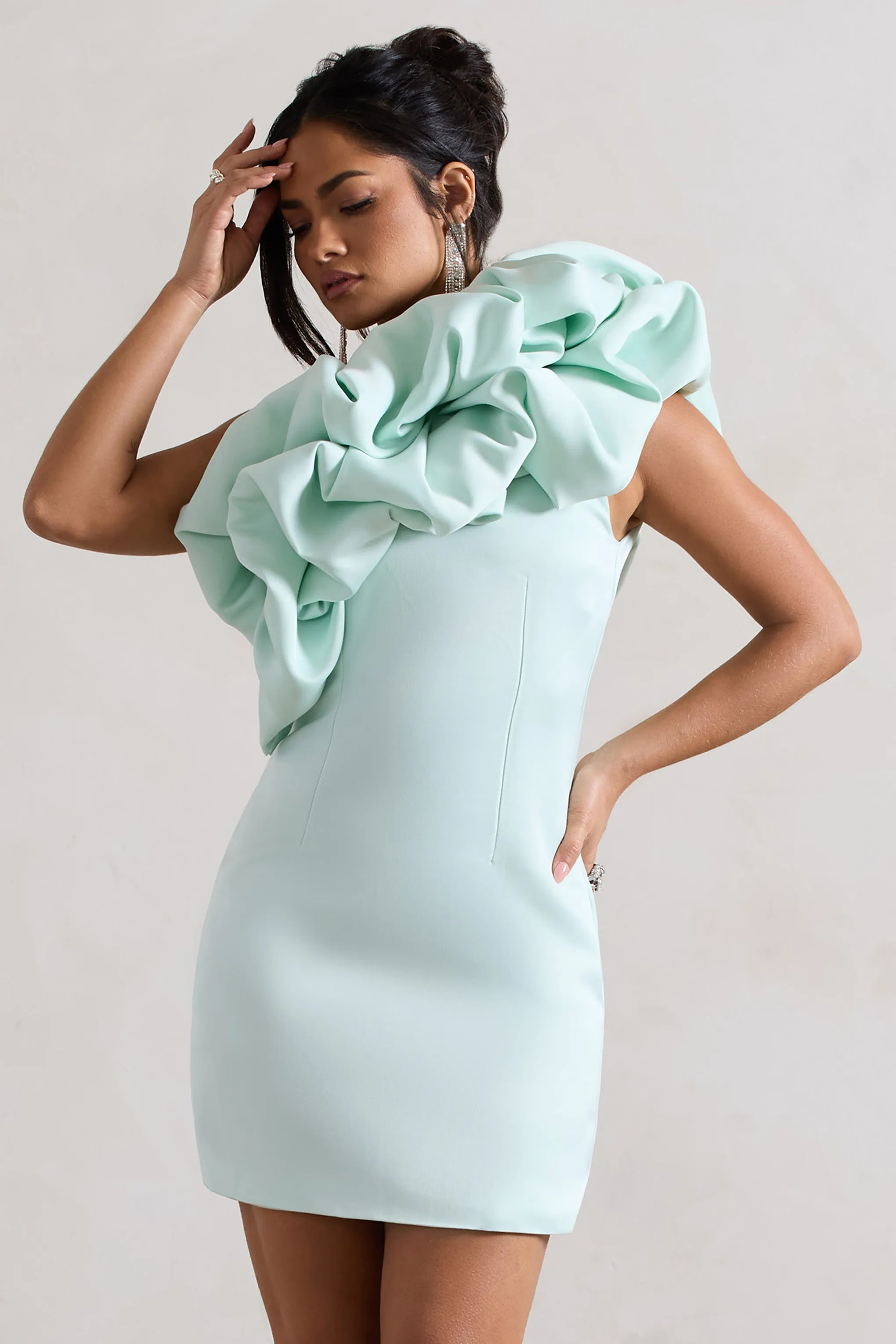 At The Opera | Mint Satin One Shoulder Ruffled Mini Dress sold by Club L London product image thumbnail 3