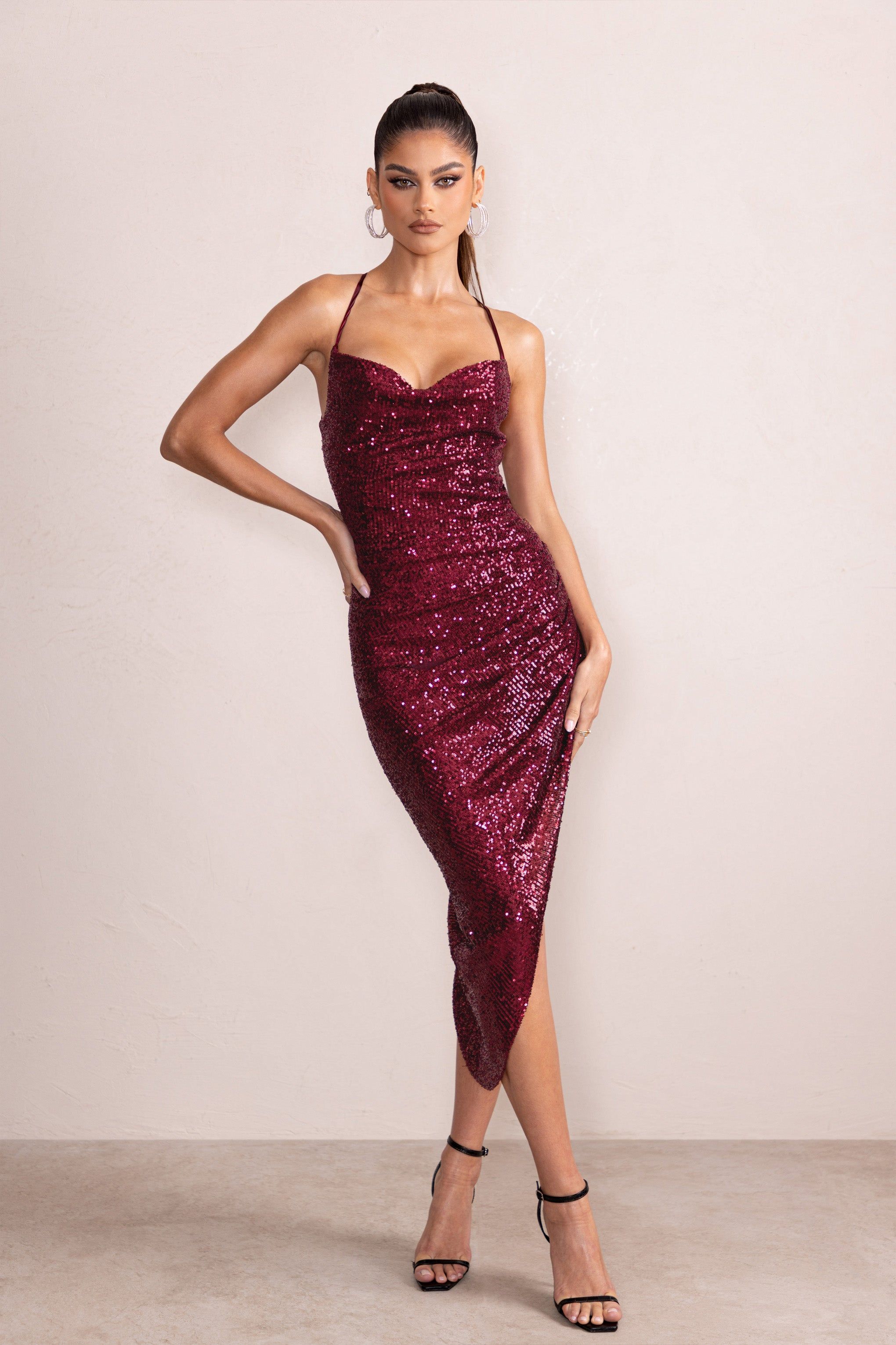 Anya | Berry Sequin Cami Cowl Neck Asymmetric Hem Midi Dress sold by Club L London product image thumbnail 6