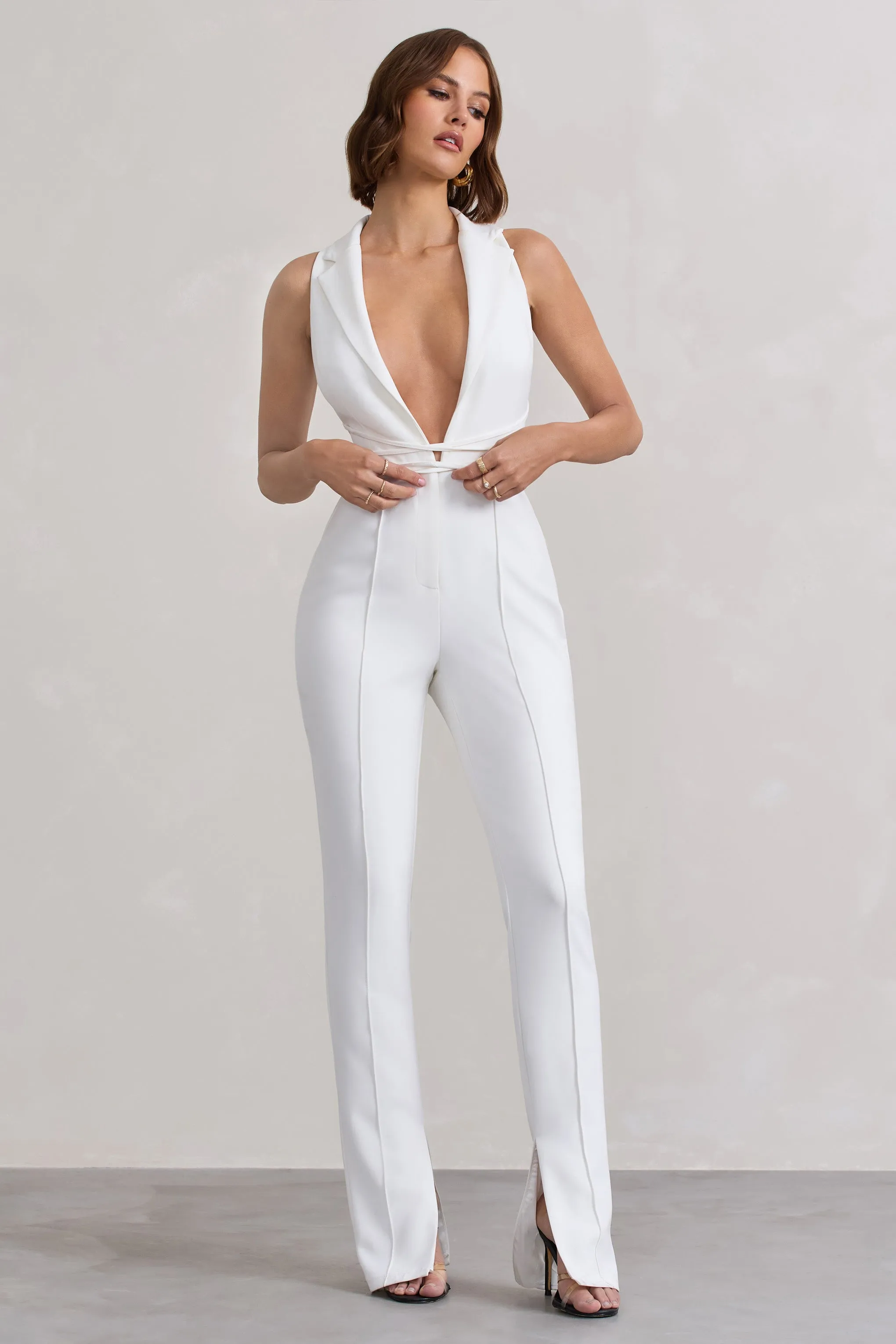 Darcy | White Plunge Neck Tailored Jumpsuit With Tie Detail sold by Club L London product image thumbnail 2