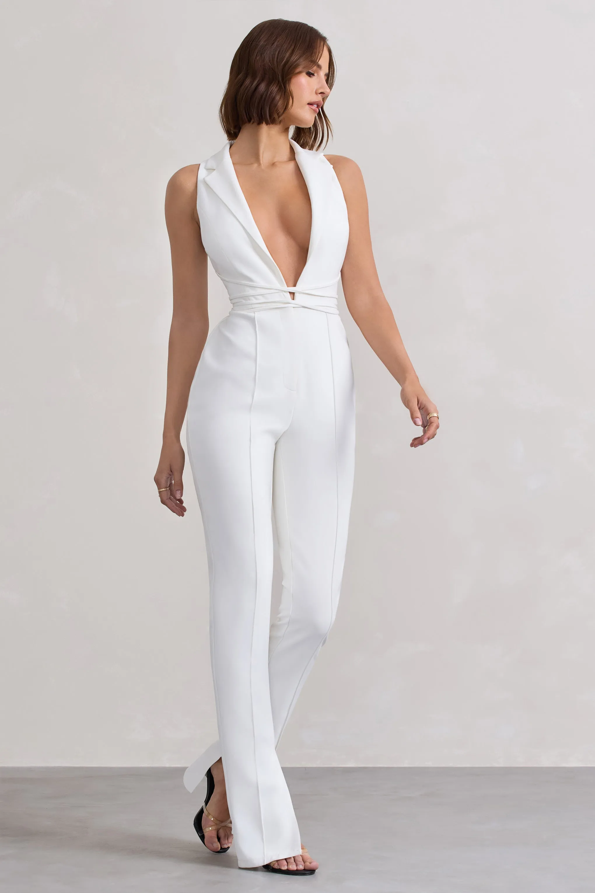 Darcy | White Plunge Neck Tailored Jumpsuit With Tie Detail sold by Club L London product image thumbnail 5