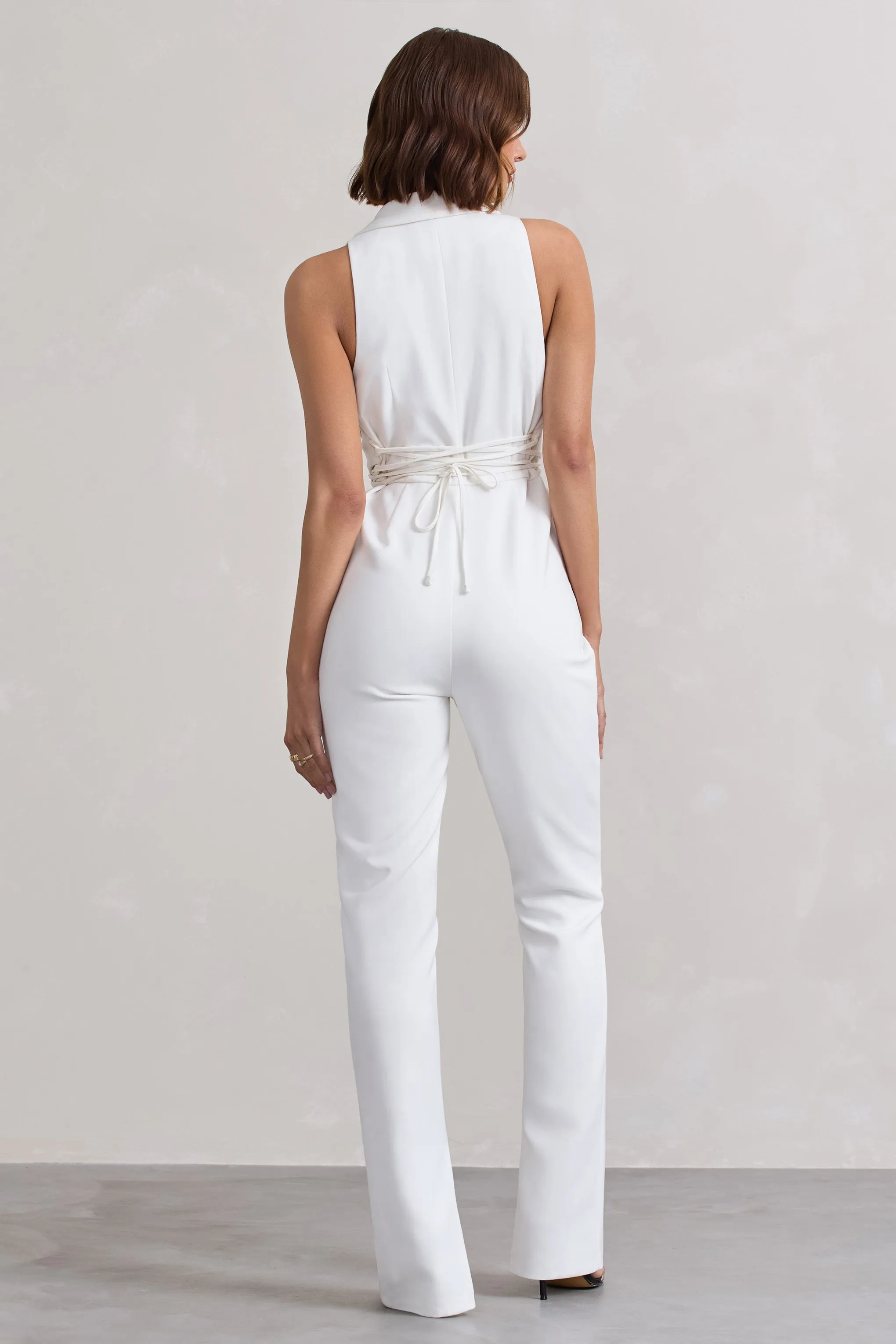 Darcy | White Plunge Neck Tailored Jumpsuit With Tie Detail sold by Club L London product image thumbnail 3