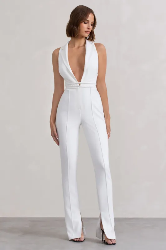 Darcy | White Plunge Neck Tailored Jumpsuit With Tie Detail sold by Club L London
