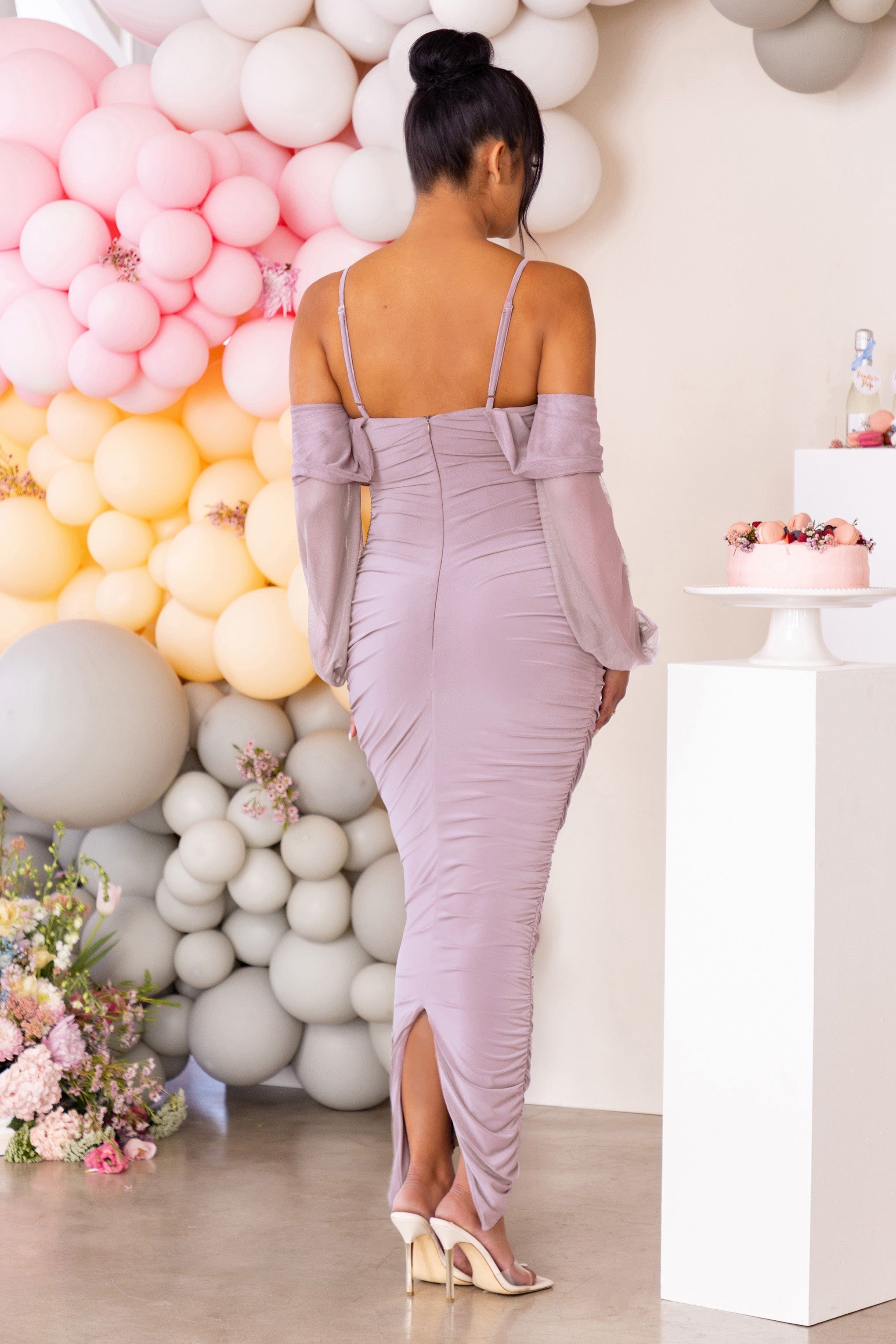 Announcement | Taupe Maternity Bardot Ruched Maxi Dress sold by Club L London product image thumbnail 2