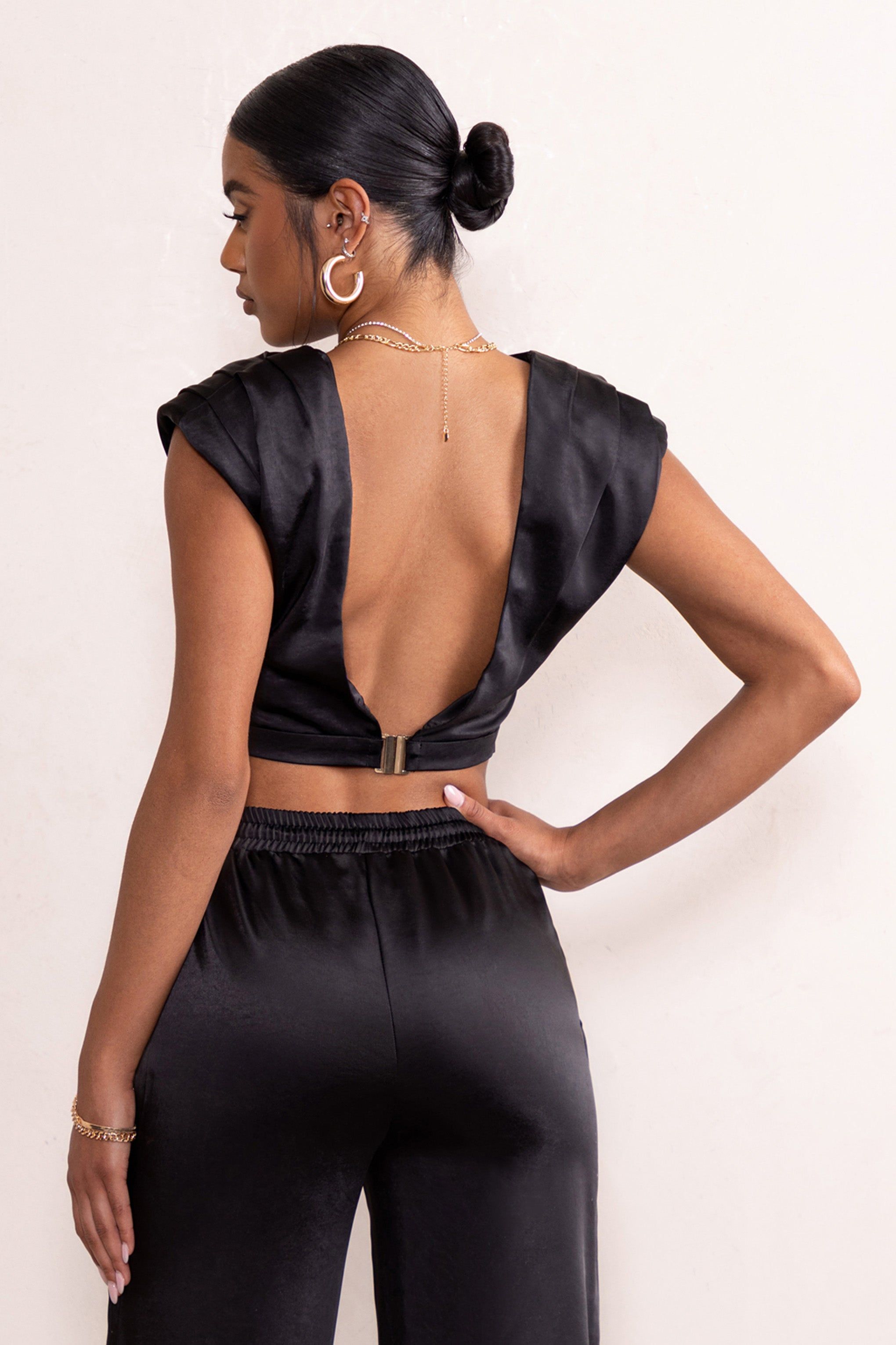Ellery | Black Padded Shoulder Satin High Neck Crop Top sold by Club L London product image thumbnail 2