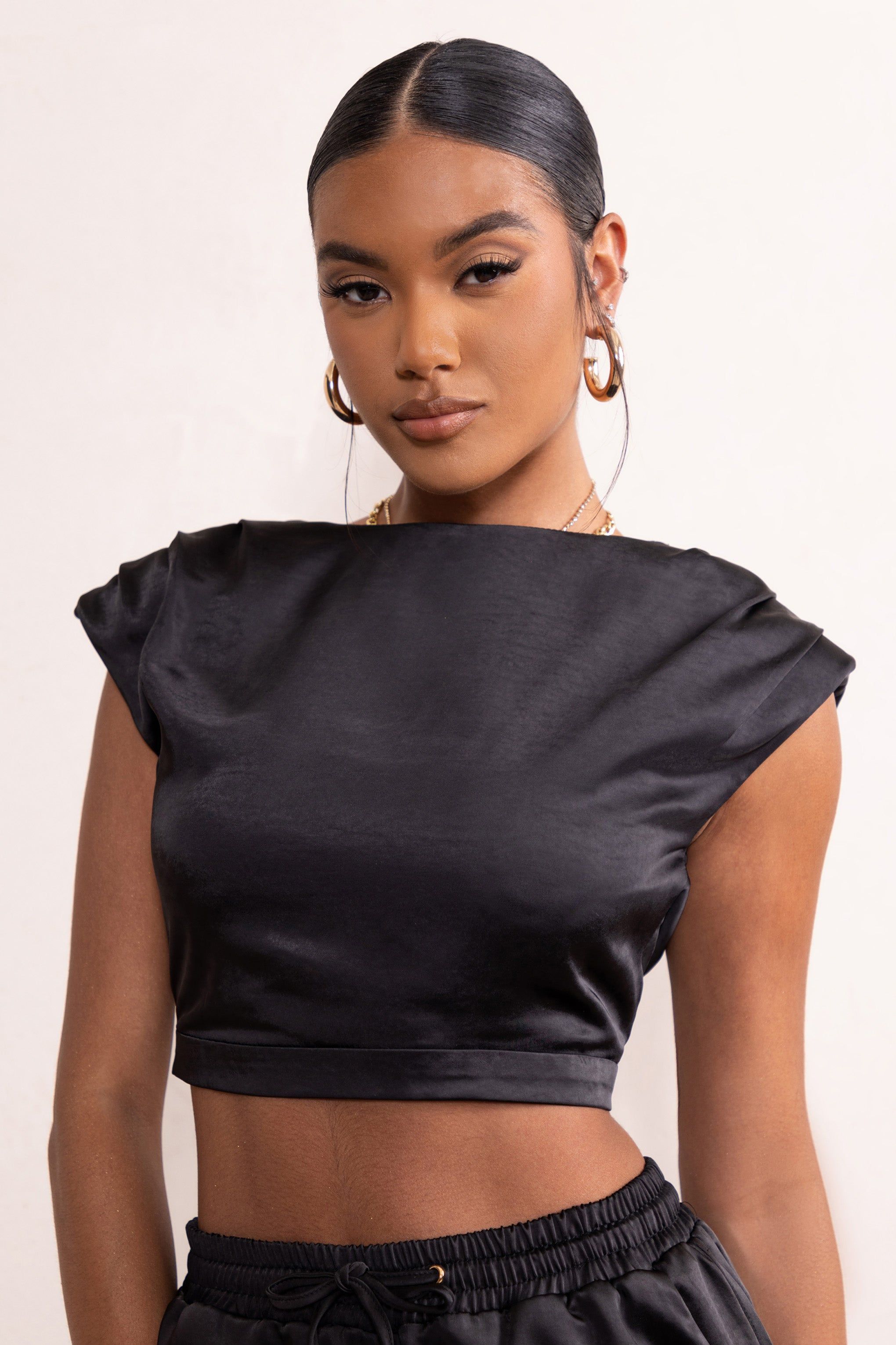 Ellery | Black Padded Shoulder Satin High Neck Crop Top sold by Club L London product image thumbnail 3
