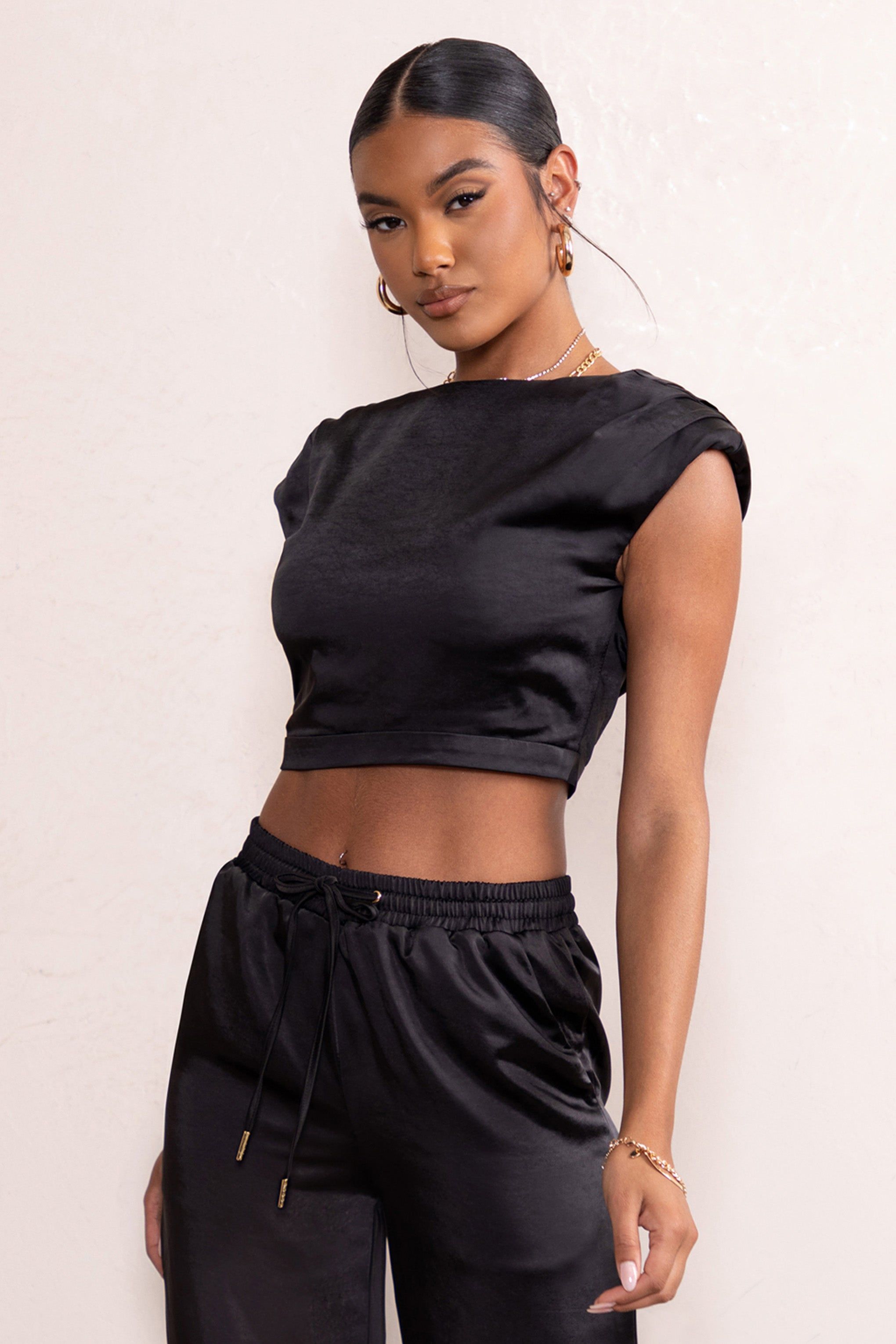 Ellery | Black Padded Shoulder Satin High Neck Crop Top sold by Club L London product image thumbnail 4