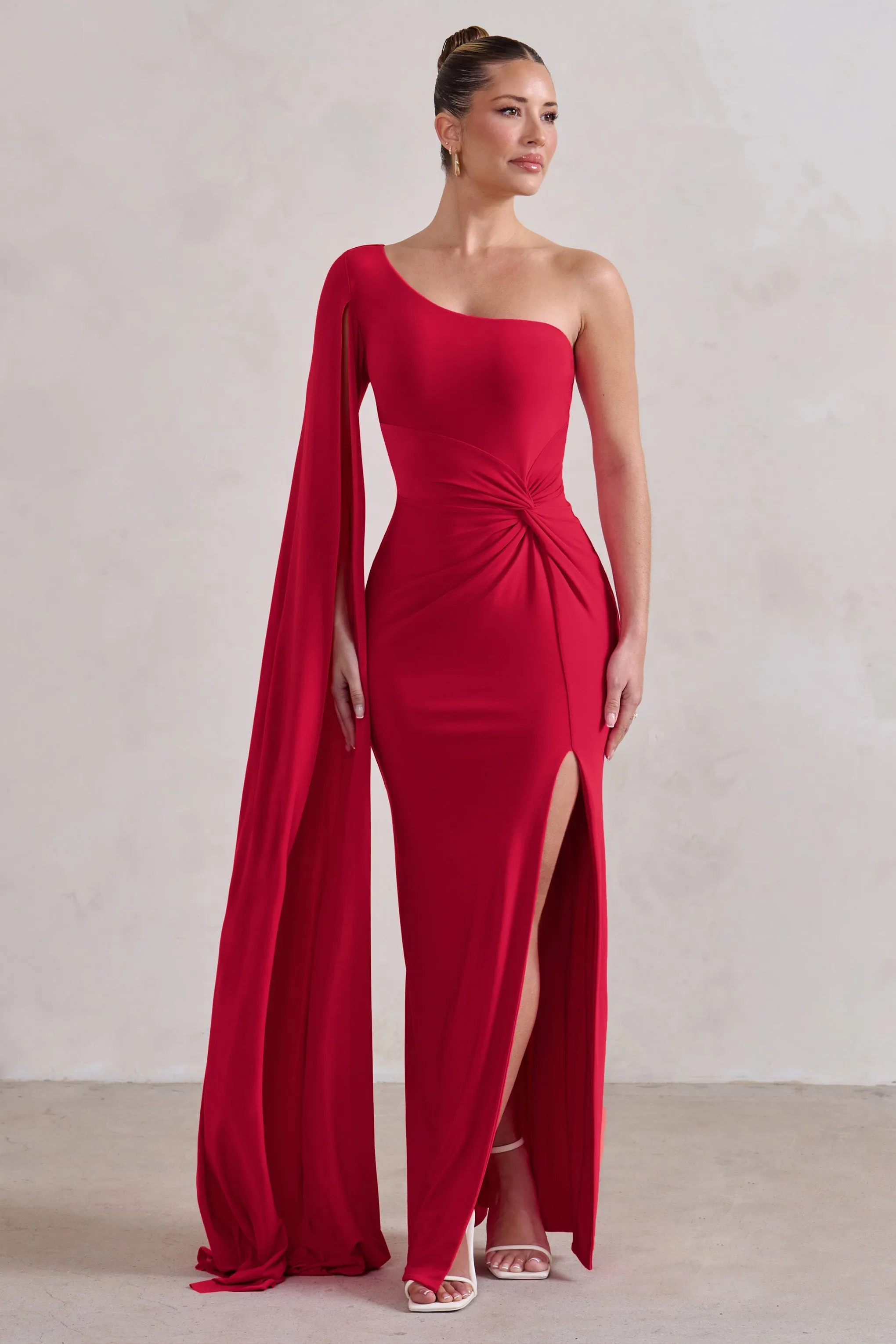 Romi | Red One Shoulder Twist Design Maxi Dress sold by Club L London