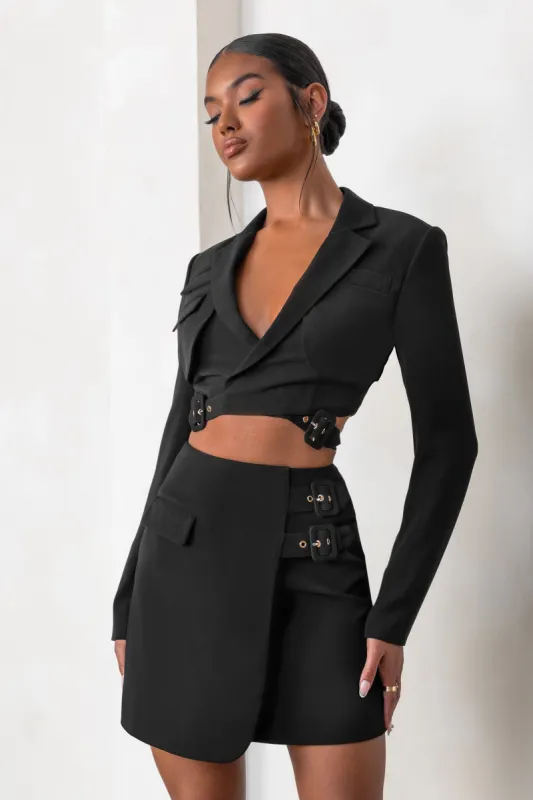 Jet Set | Black Belt Strap Pocket Detail Mini Skirt sold by Club L London