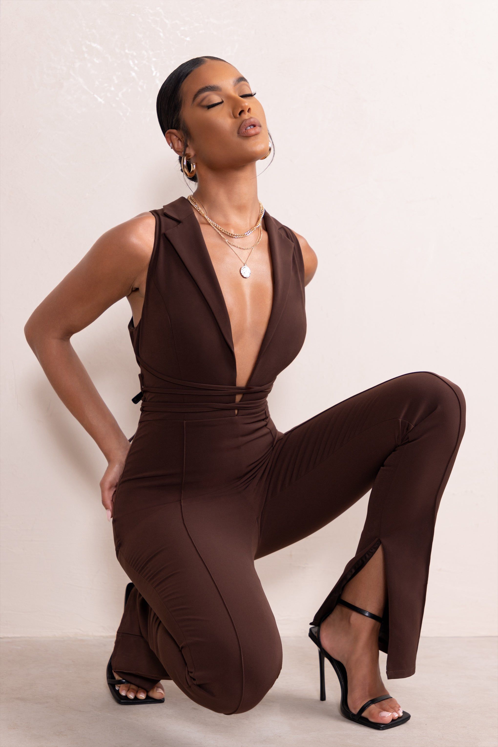 Myra | Chocolate Brown Plunge Neck Tailored Jumpsuit With Tie Detail sold by Club L London product image thumbnail 6