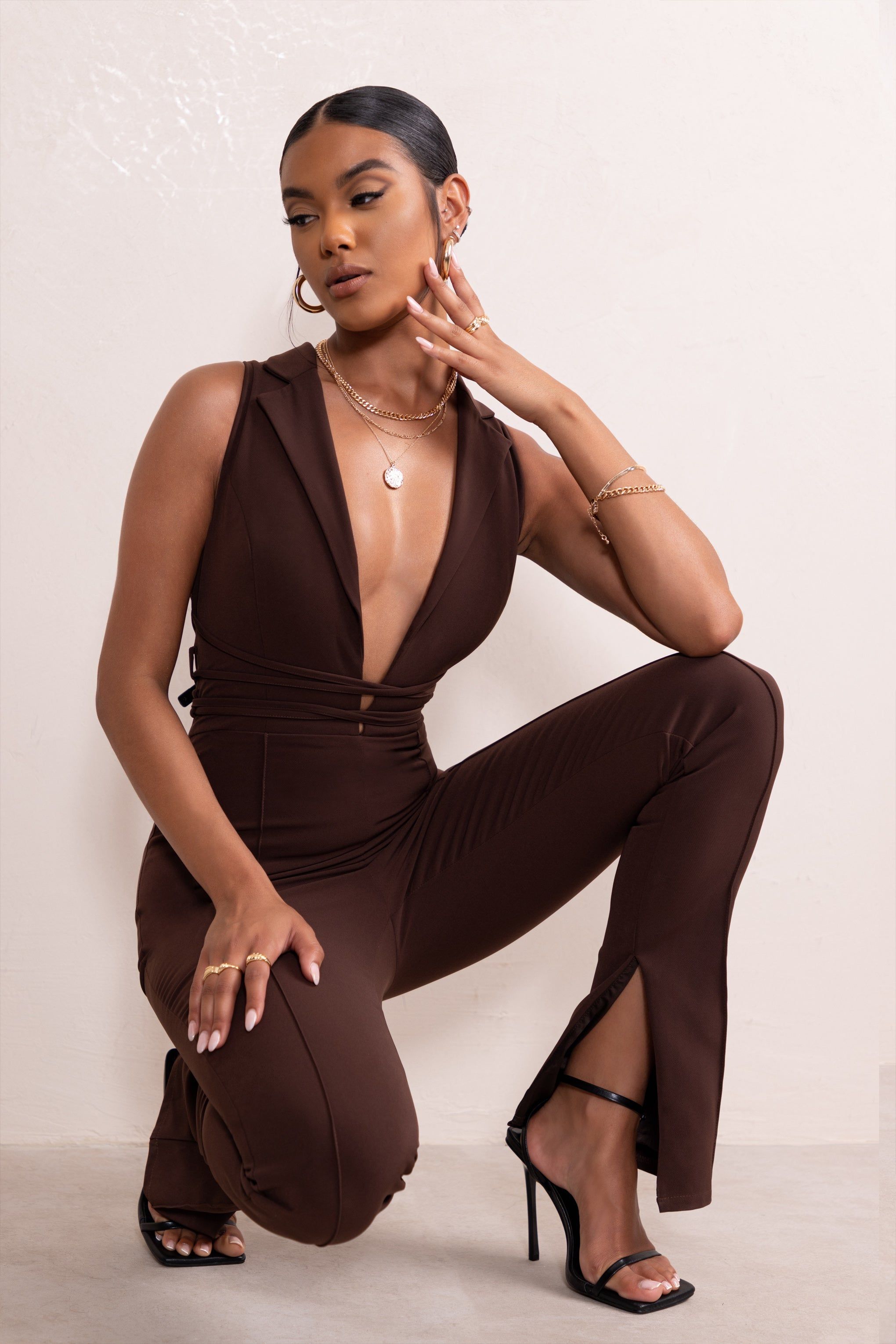 Myra | Chocolate Brown Plunge Neck Tailored Jumpsuit With Tie Detail sold by Club L London product image thumbnail 3