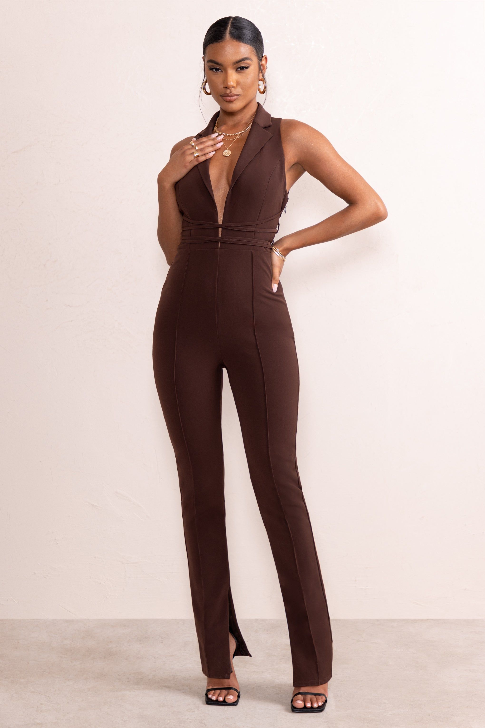 Myra | Chocolate Brown Plunge Neck Tailored Jumpsuit With Tie Detail sold by Club L London product image thumbnail 4