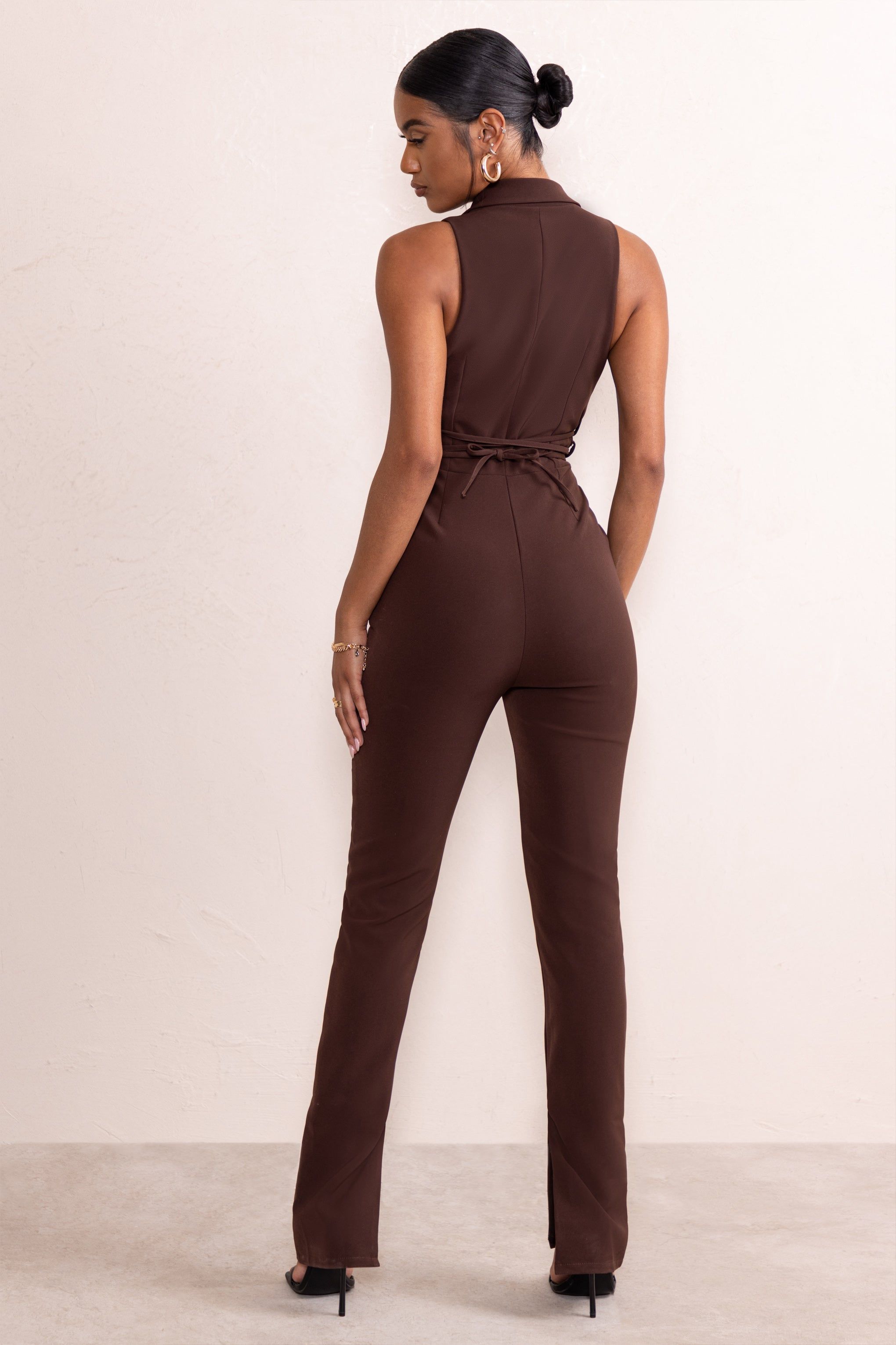 Myra | Chocolate Brown Plunge Neck Tailored Jumpsuit With Tie Detail sold by Club L London product image thumbnail 2