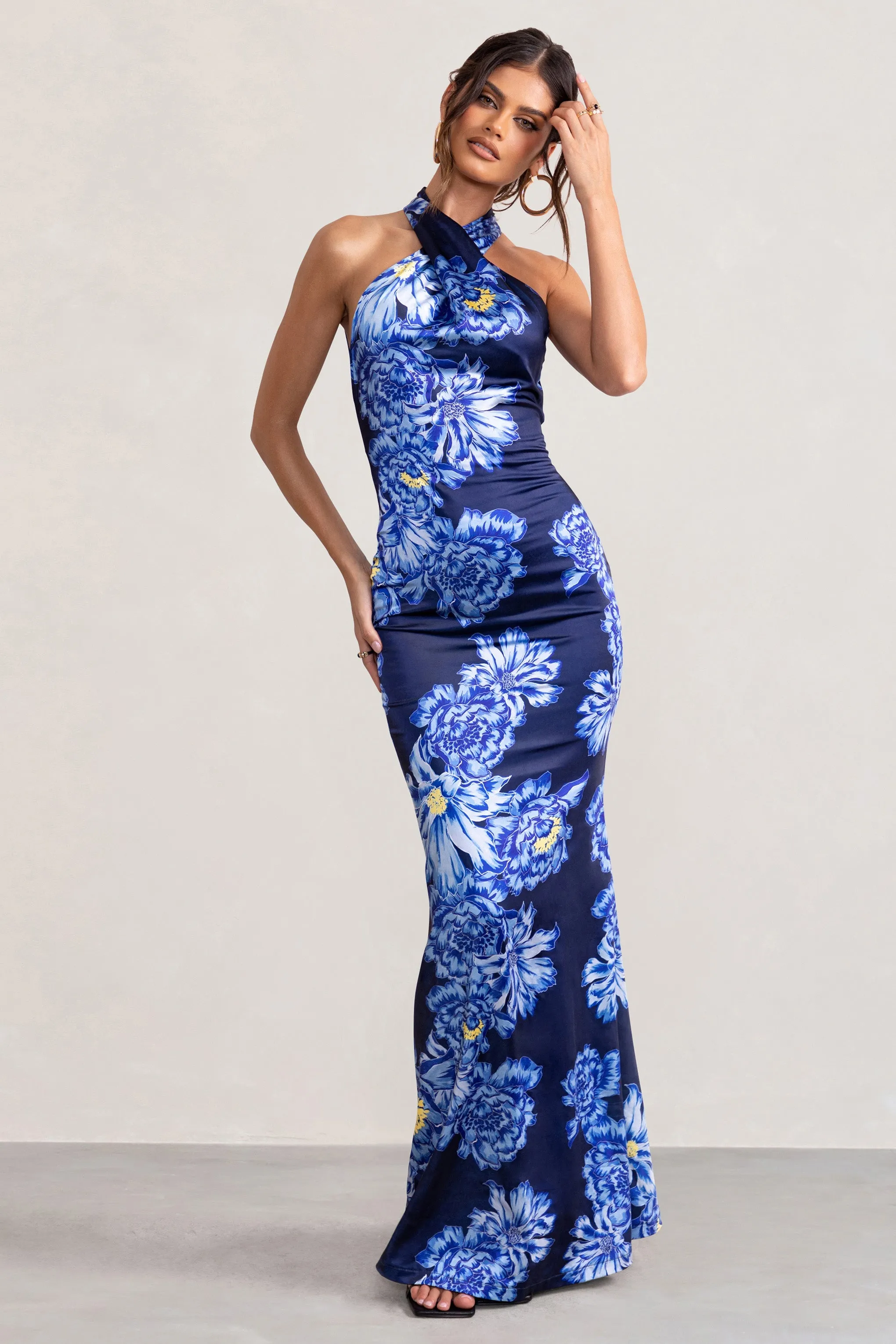 Unstoppable | Blue Floral Print Satin Cross Over Halter Neck Maxi Dress sold by Club L London product image thumbnail 4