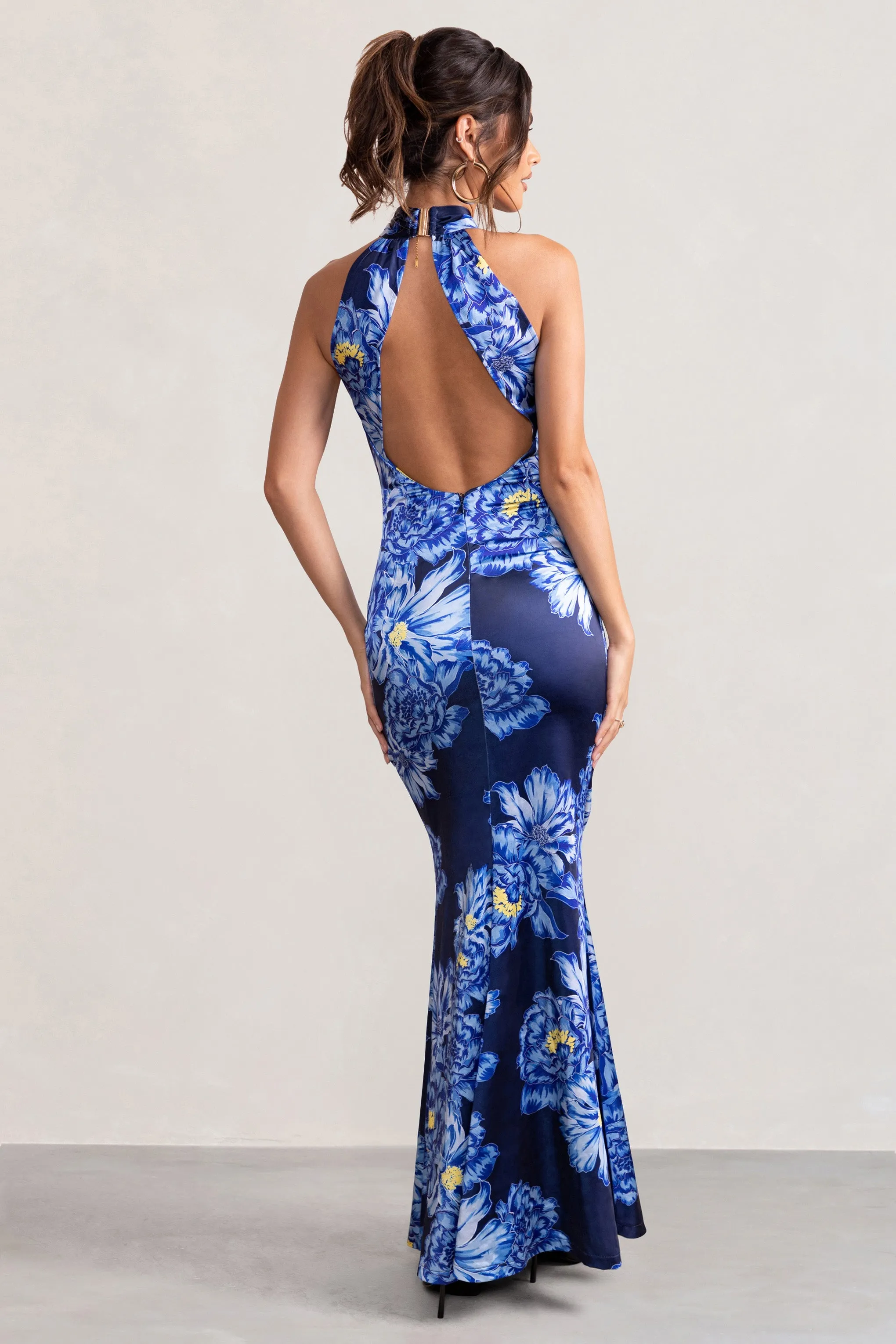 Unstoppable | Blue Floral Print Satin Cross Over Halter Neck Maxi Dress sold by Club L London product image thumbnail 2