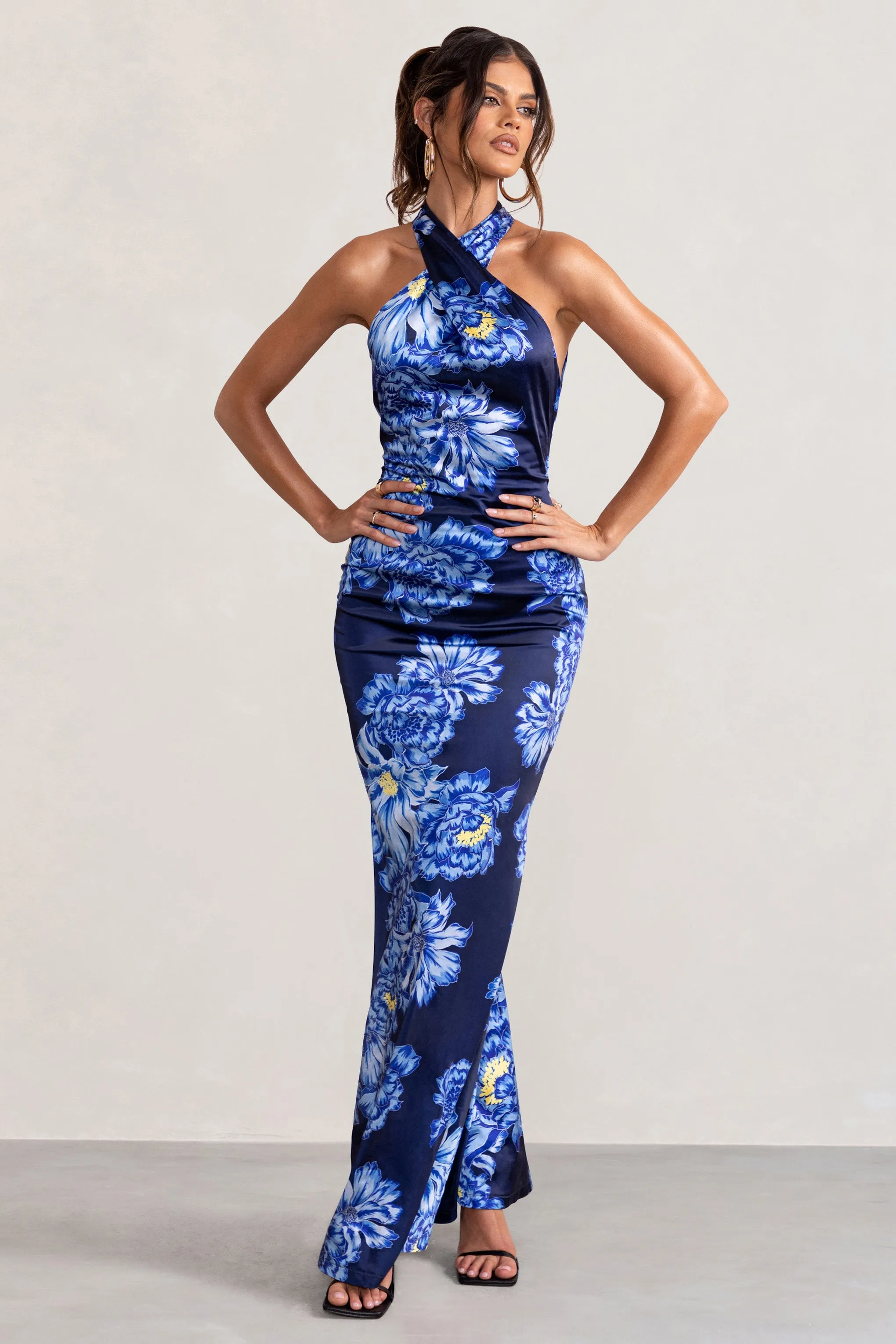 Unstoppable | Blue Floral Print Satin Cross Over Halter Neck Maxi Dress sold by Club L London product image thumbnail 5