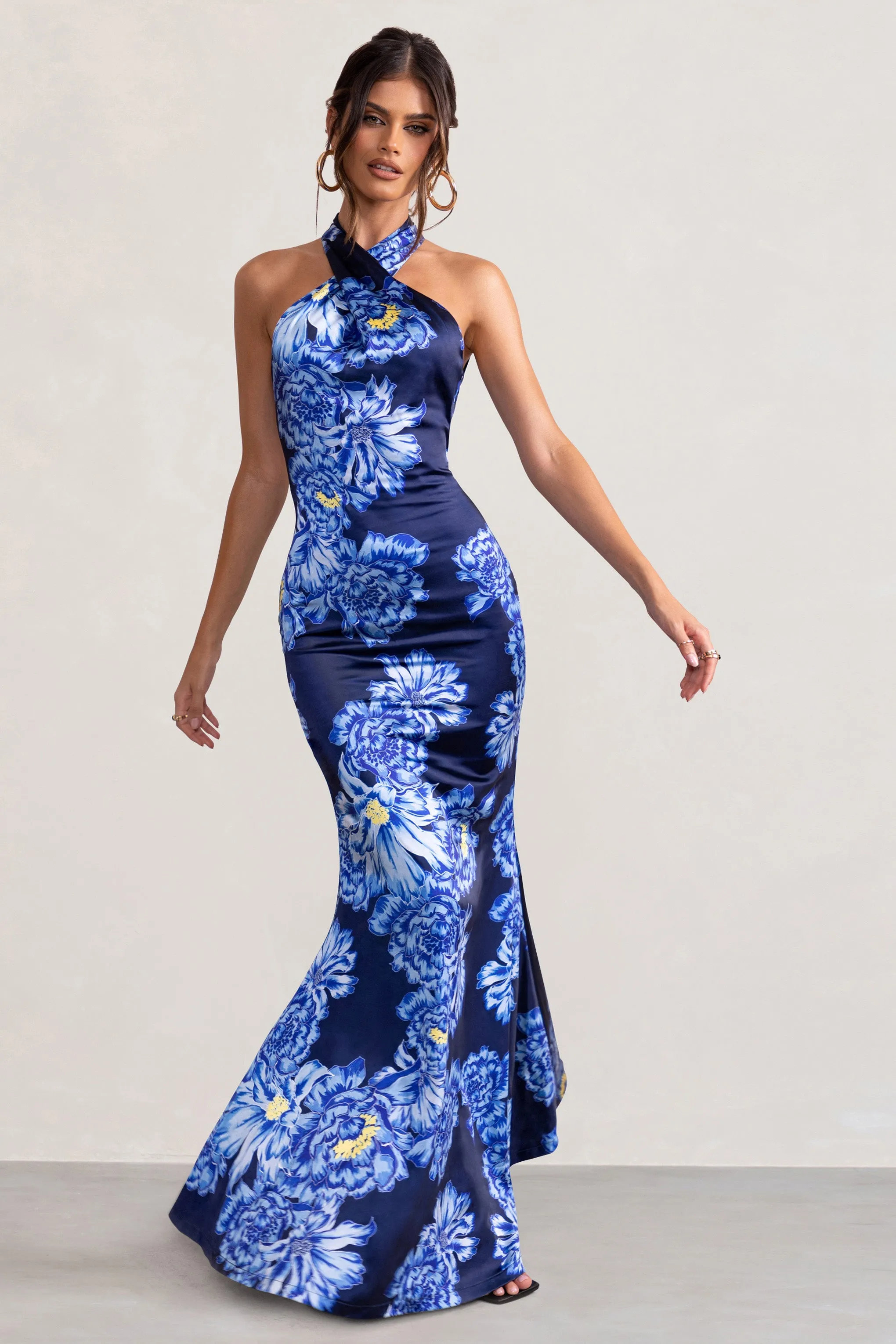 Unstoppable | Blue Floral Print Satin Cross Over Halter Neck Maxi Dress sold by Club L London