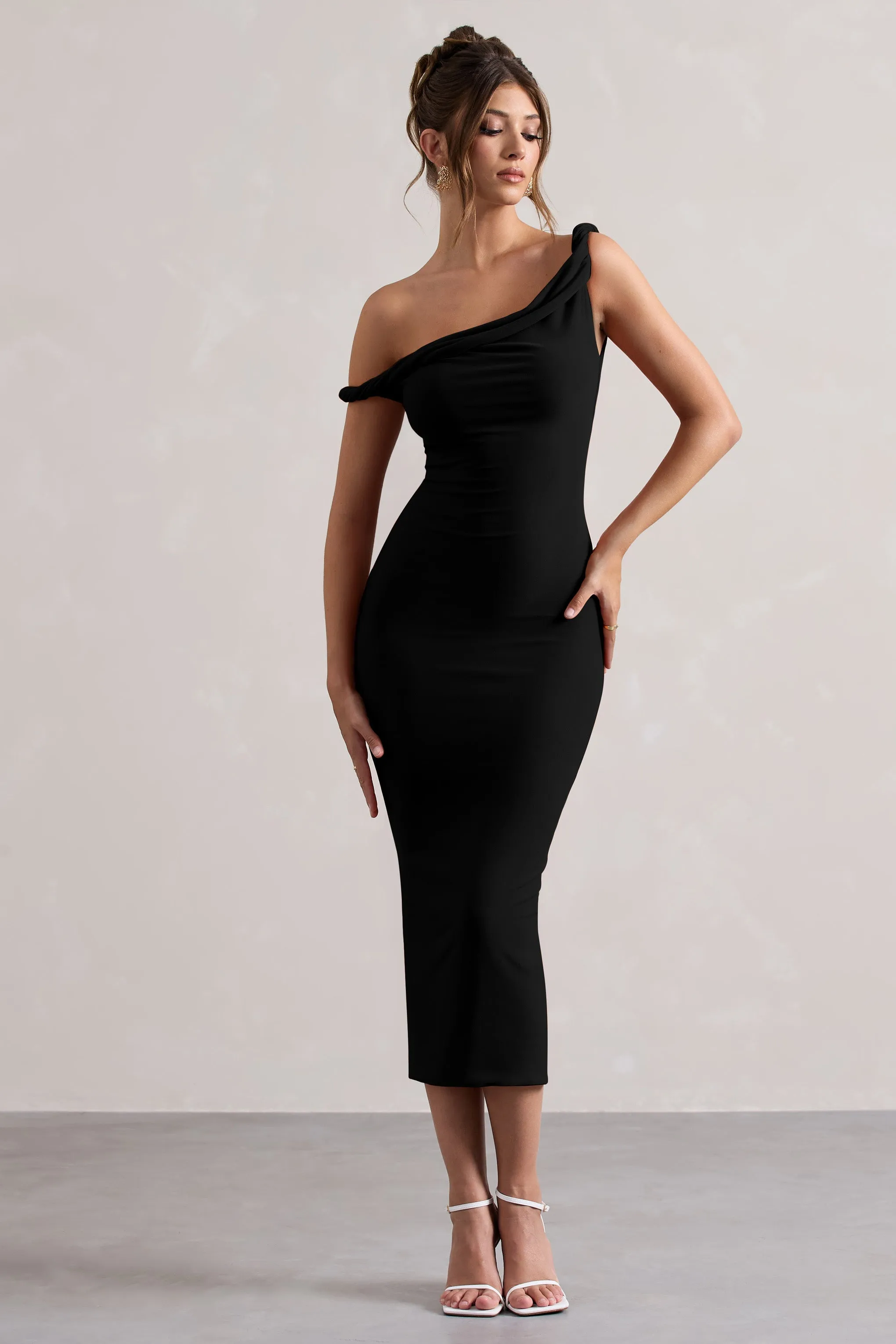 Salome | Black Twisted Asymmetric Midi Dress sold by Club L London