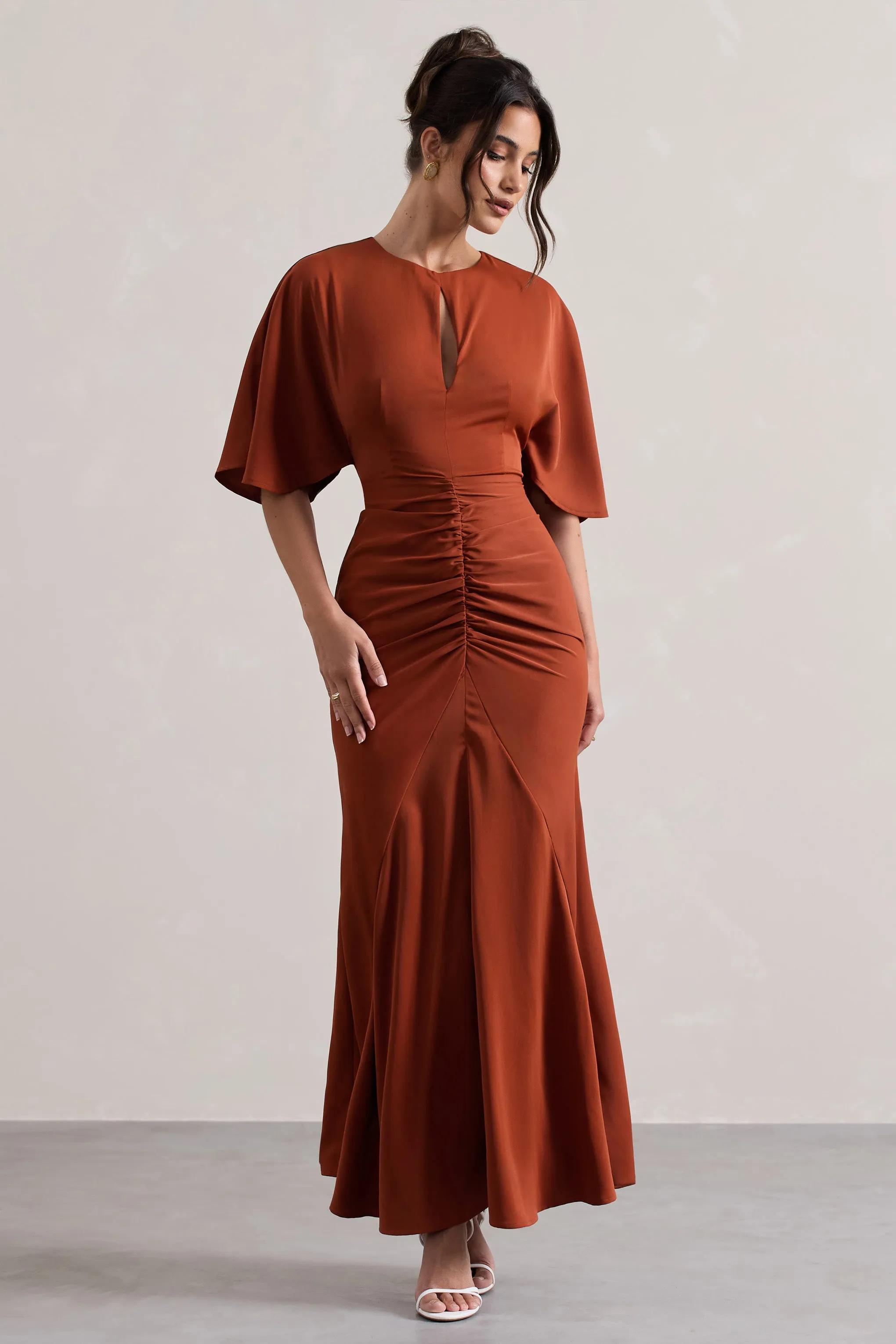 Elidy | Terracotta Ruched Flutter-Sleeve Cut-Out Maxi Dress sold by Club L London product image thumbnail 4
