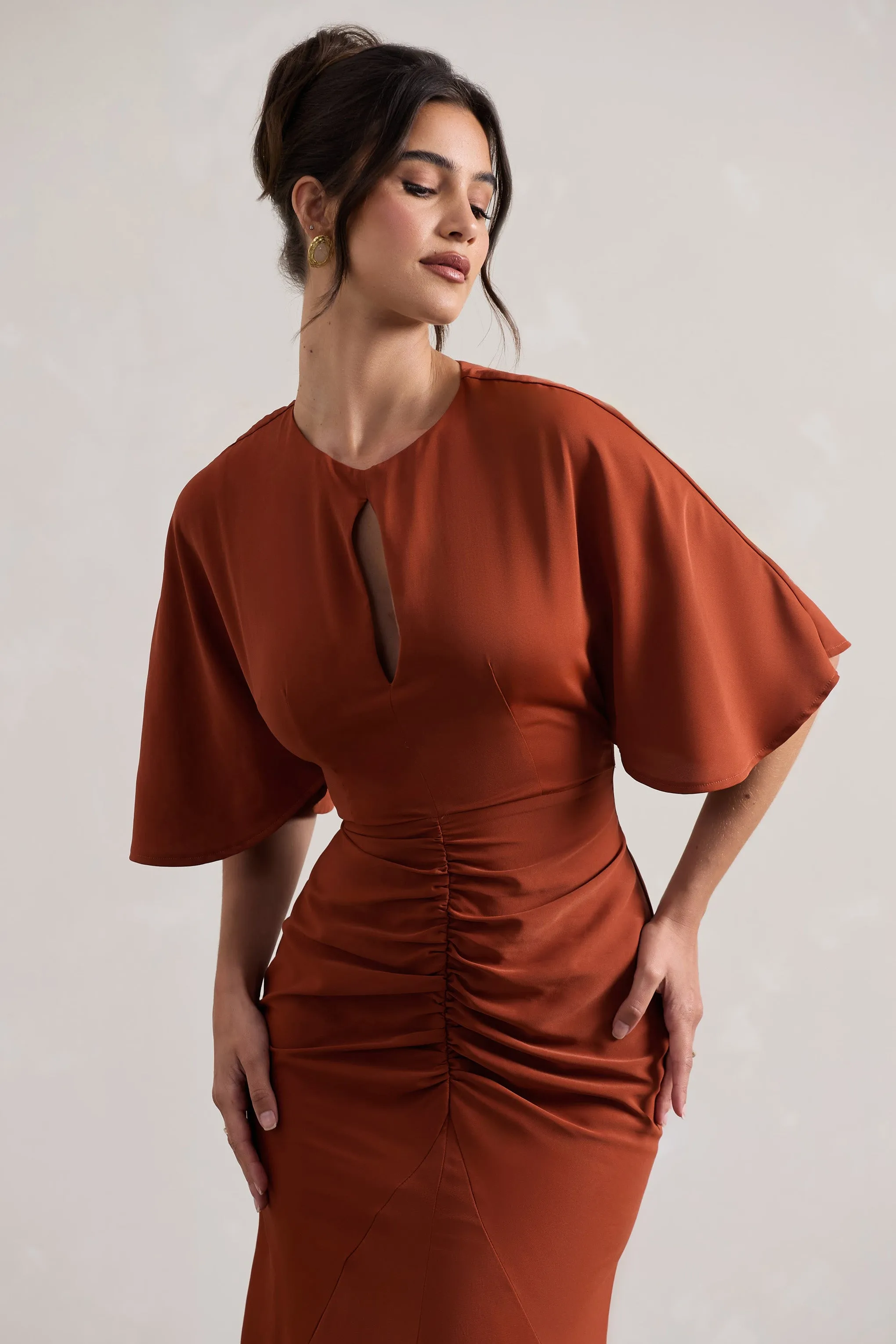 Elidy | Terracotta Ruched Flutter-Sleeve Cut-Out Maxi Dress sold by Club L London product image thumbnail 3