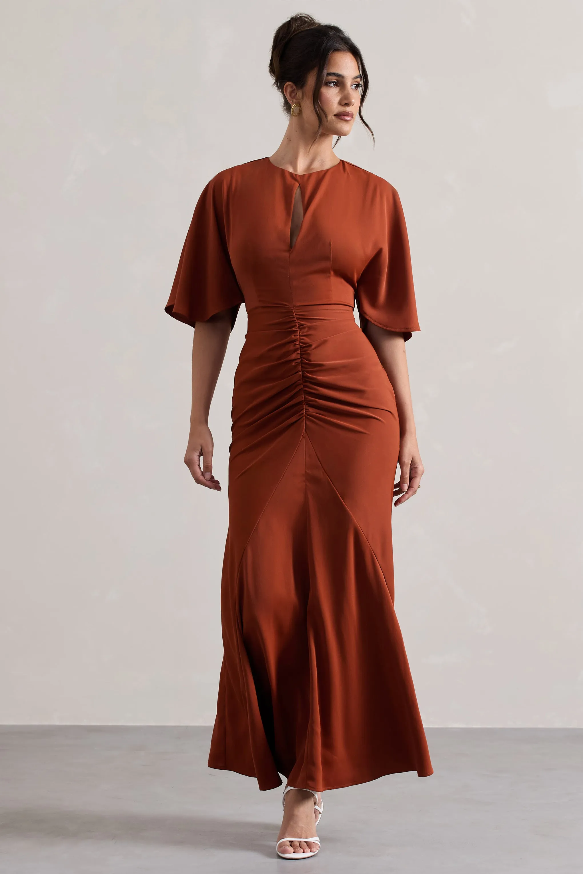 Elidy | Terracotta Ruched Flutter-Sleeve Cut-Out Maxi Dress sold by Club L London product image thumbnail 2
