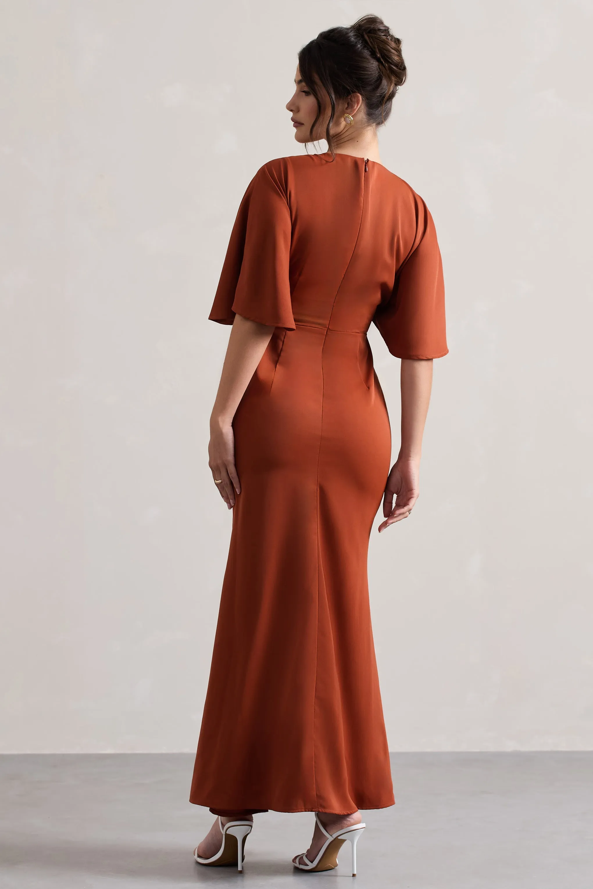Elidy | Terracotta Ruched Flutter-Sleeve Cut-Out Maxi Dress sold by Club L London product image thumbnail 5