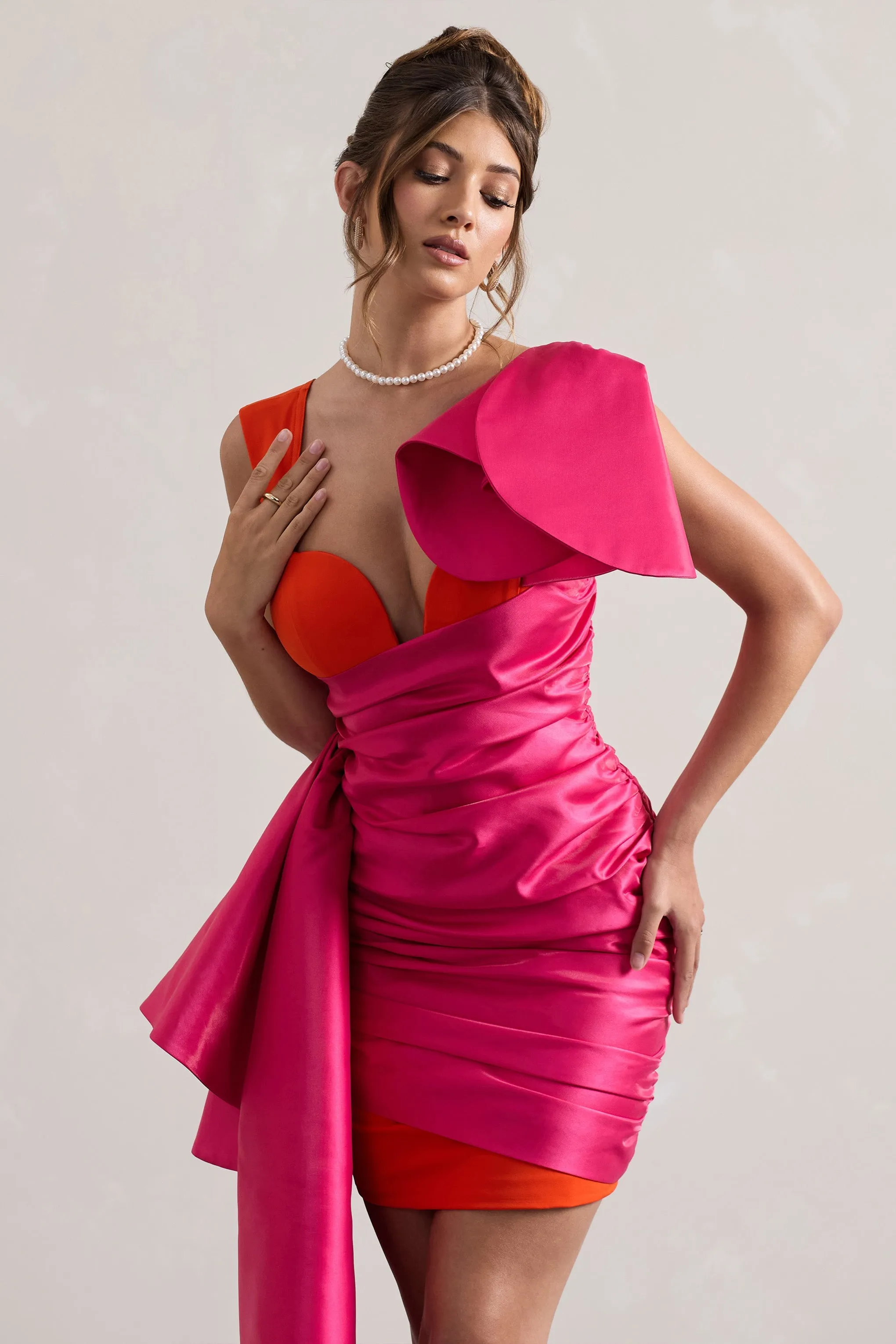 Rare | Pink & Orange Satin Wrap Mini Dress Peplum Drape sold by Club L London product image thumbnail 3
