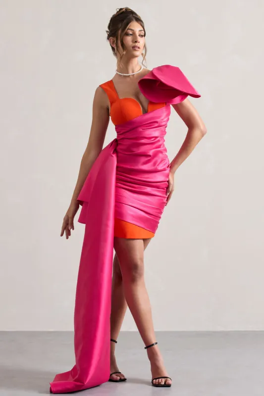 Rare | Pink & Orange Satin Wrap Mini Dress Peplum Drape sold by Club L London