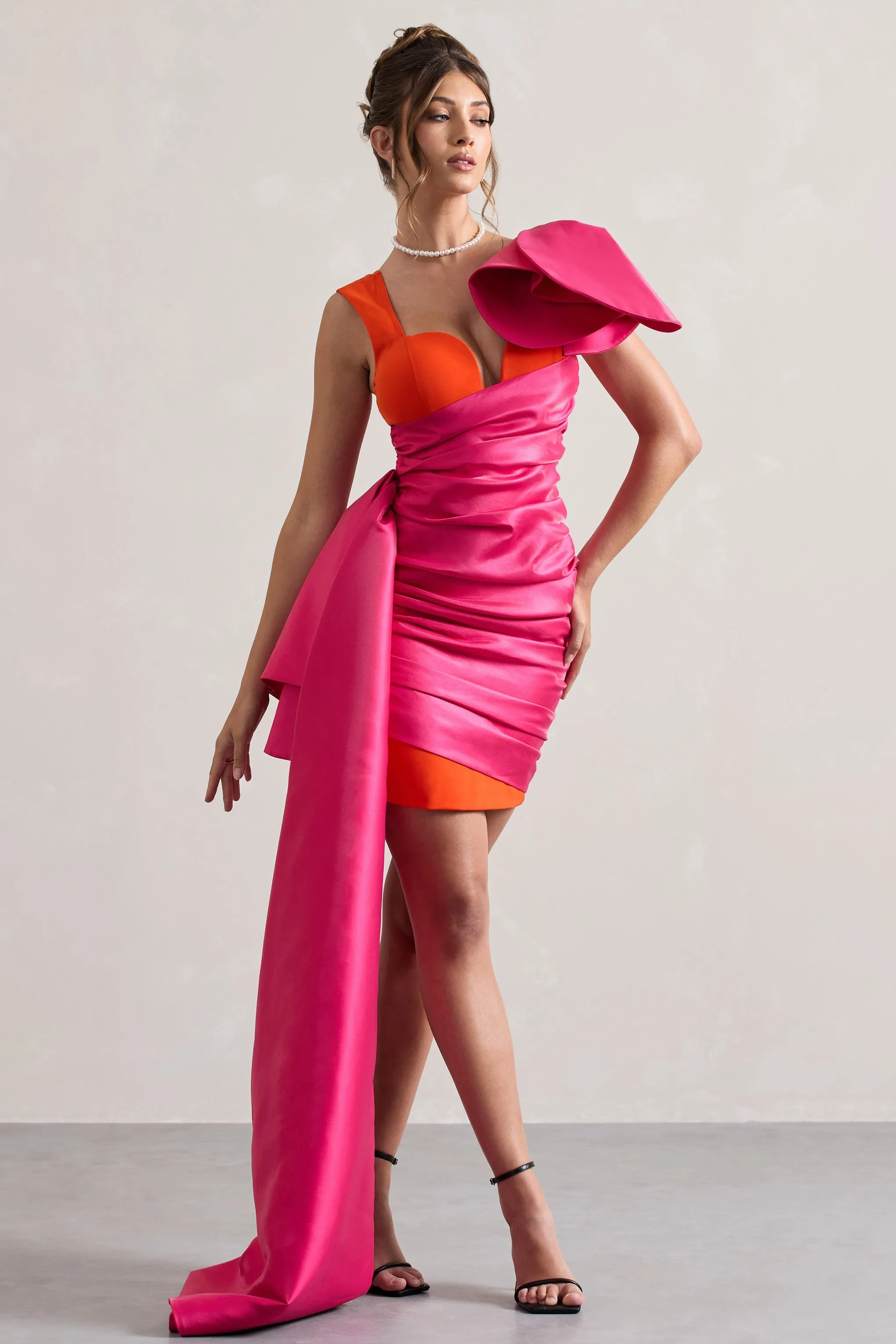 Rare | Pink & Orange Satin Wrap Mini Dress Peplum Drape sold by Club L London
