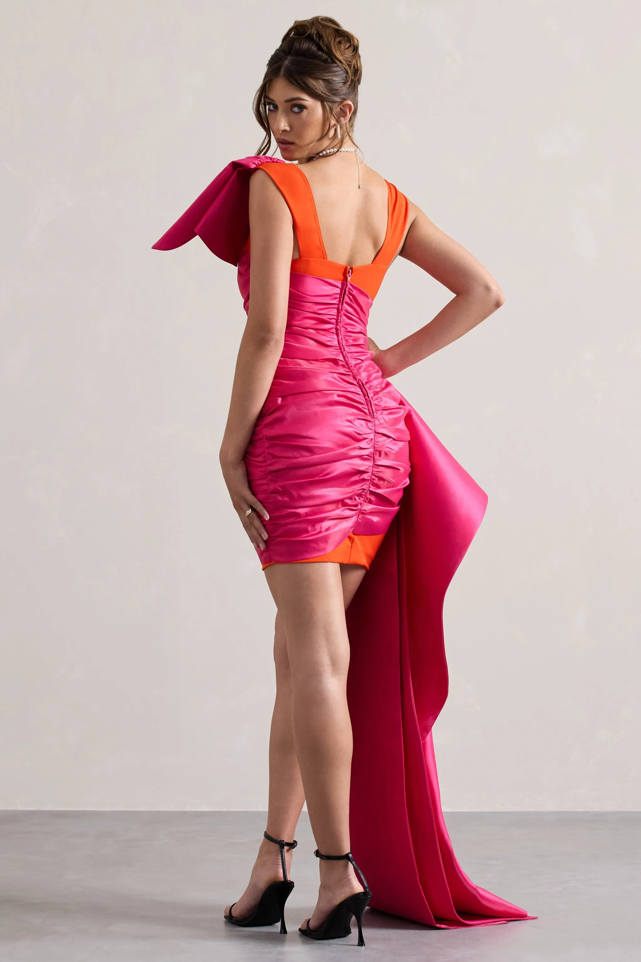 Rare | Pink & Orange Satin Wrap Mini Dress Peplum Drape sold by Club L London product image thumbnail 2