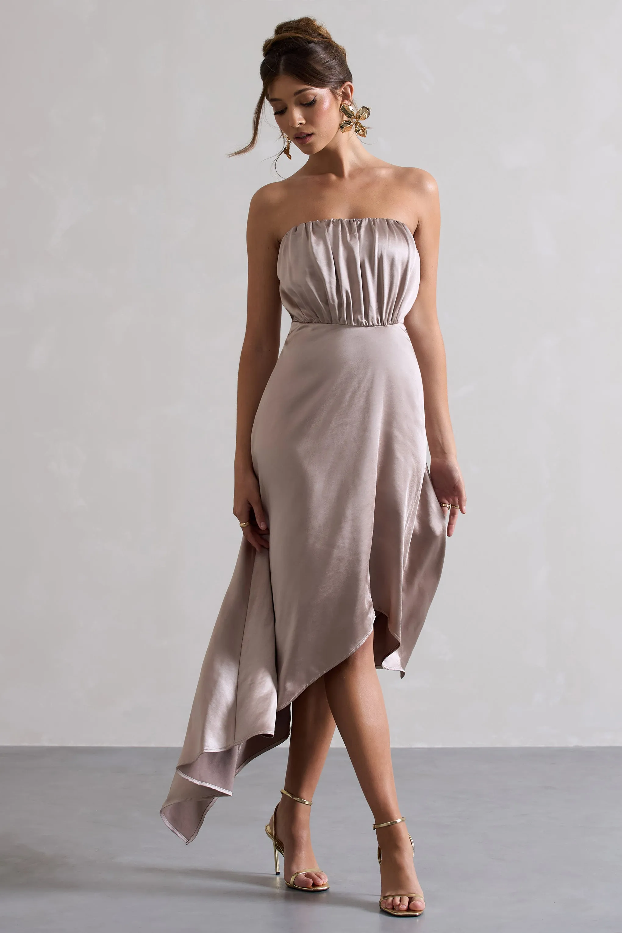 Willa | Taupe Satin Bandeau Maxi Dress With Asymmetric Hem sold by Club L London
