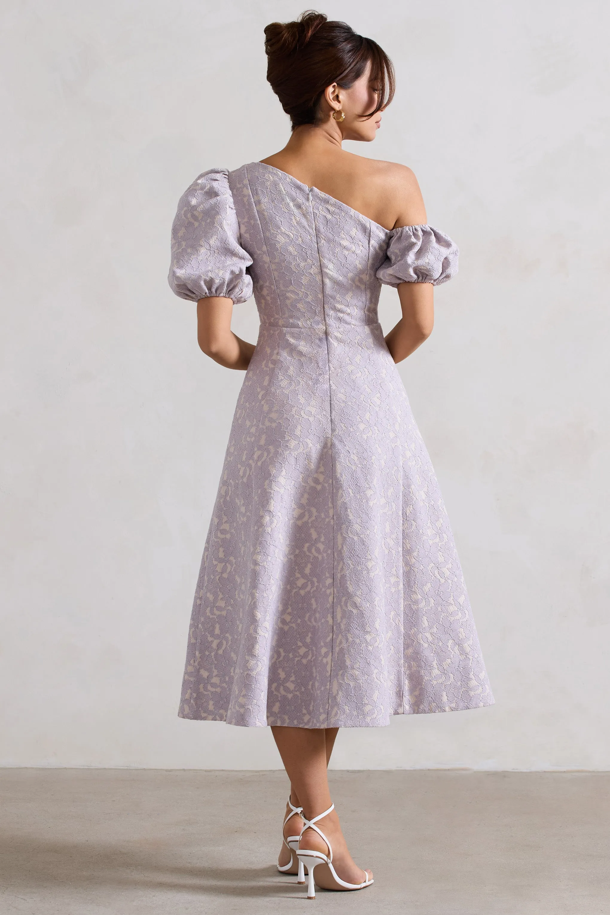 Lottie | Mauve Lace Asymmetric Puff-Sleeve Maxi Dress sold by Club L London product image thumbnail 2