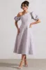 Lottie | Mauve Lace Asymmetric Puff-Sleeve Maxi Dress sold by Club L London