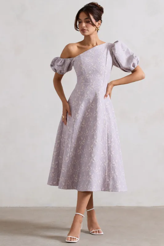 Lottie | Mauve Lace Asymmetric Puff-Sleeve Maxi Dress sold by Club L London