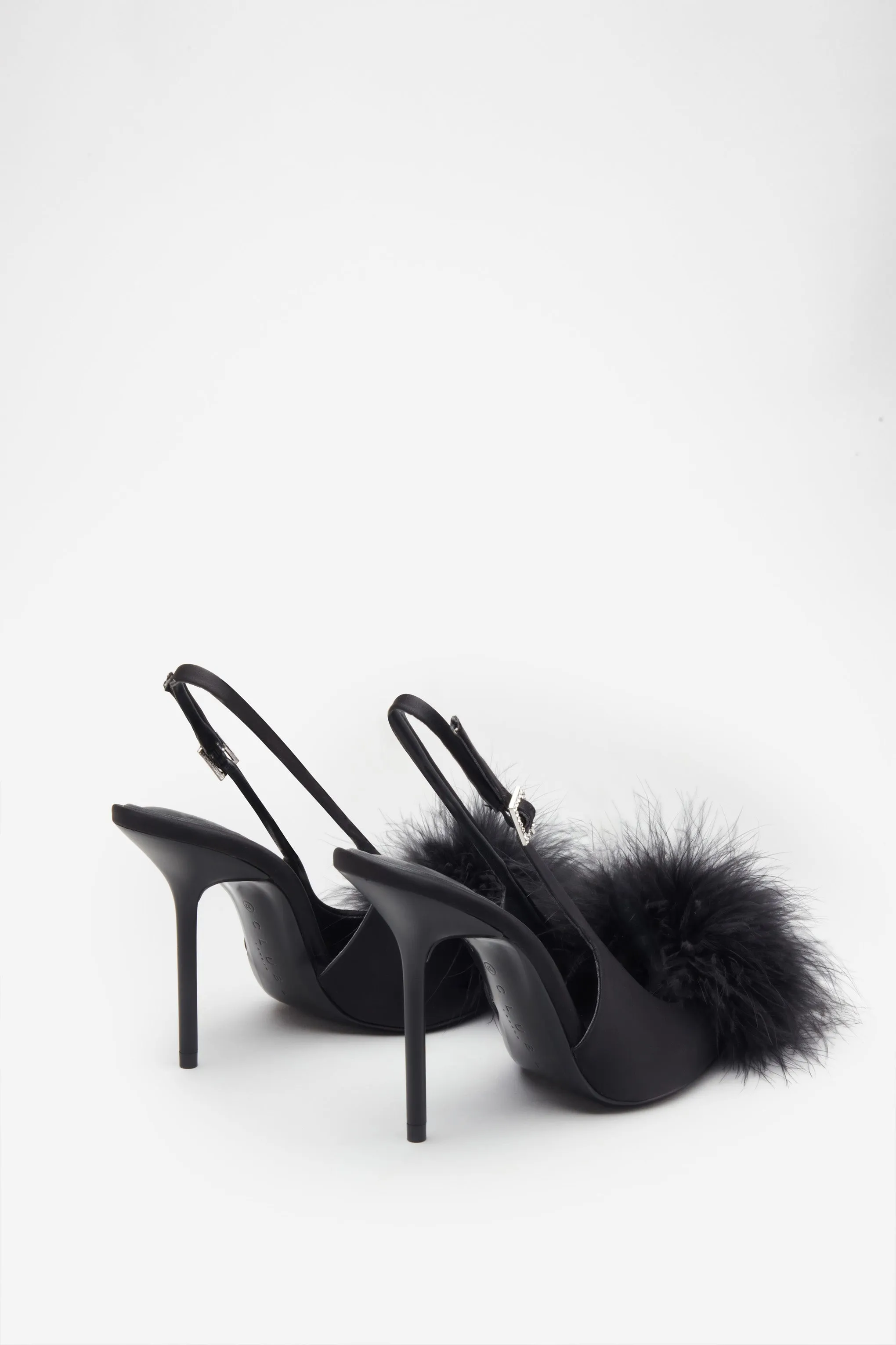 High Pitched | Black Satin Sling Back Heels With Pom Poms sold by Club L London product image thumbnail 3