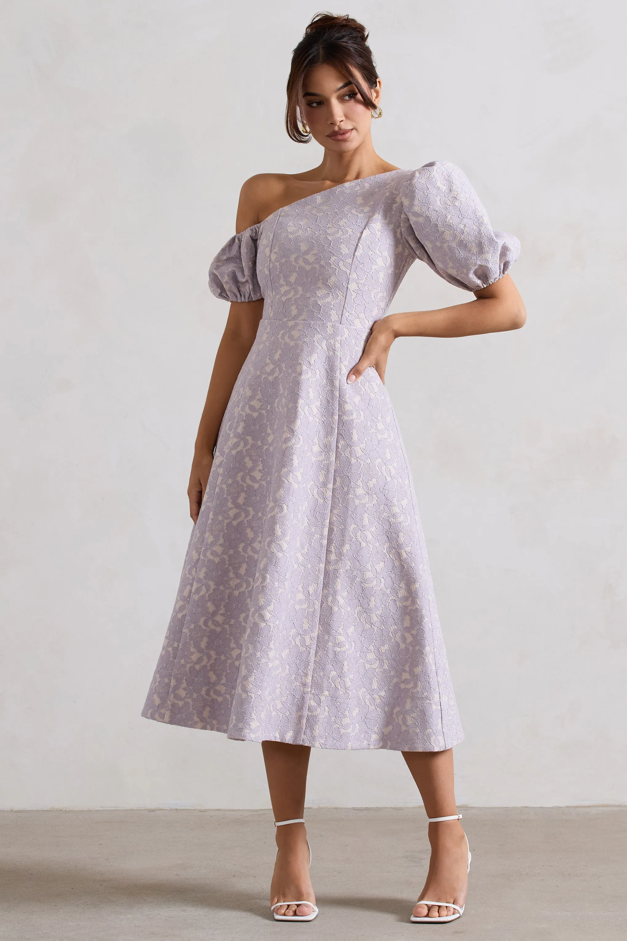 Lottie | Mauve Lace Asymmetric Puff-Sleeve Maxi Dress sold by Club L London product image thumbnail 4