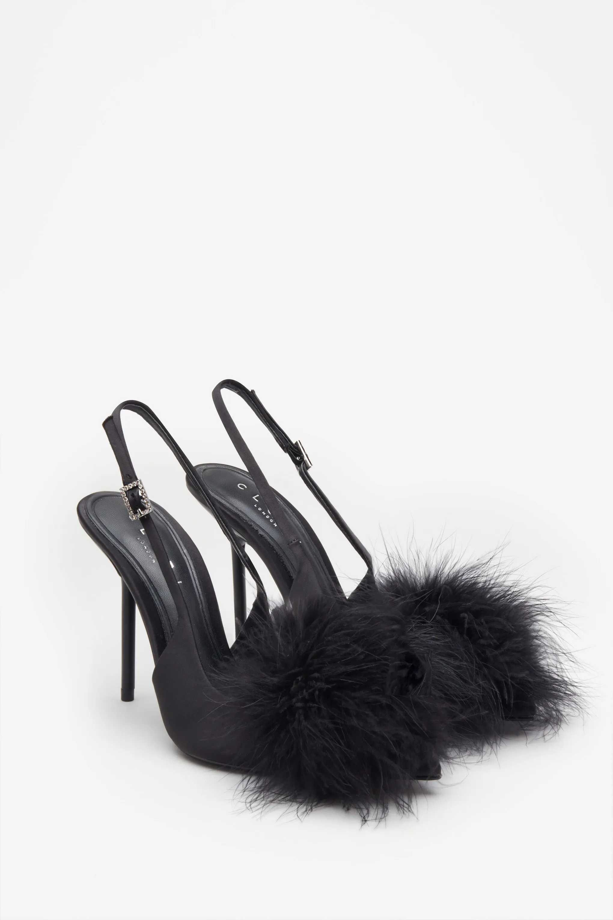 High Pitched | Black Satin Sling Back Heels With Pom Poms sold by Club L London product image thumbnail 2