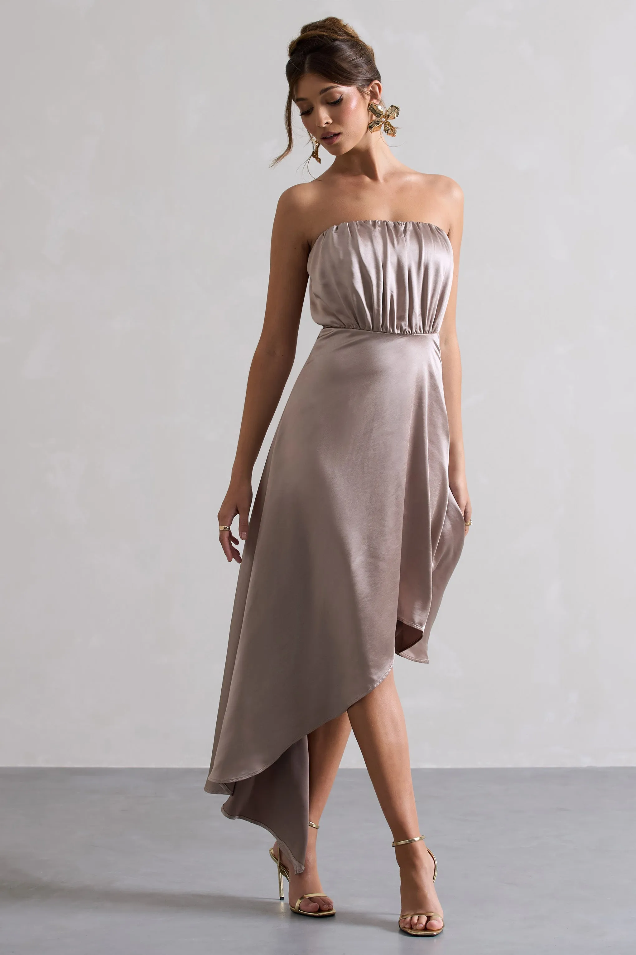 Willa | Taupe Satin Bandeau Maxi Dress With Asymmetric Hem sold by Club L London product image thumbnail 5