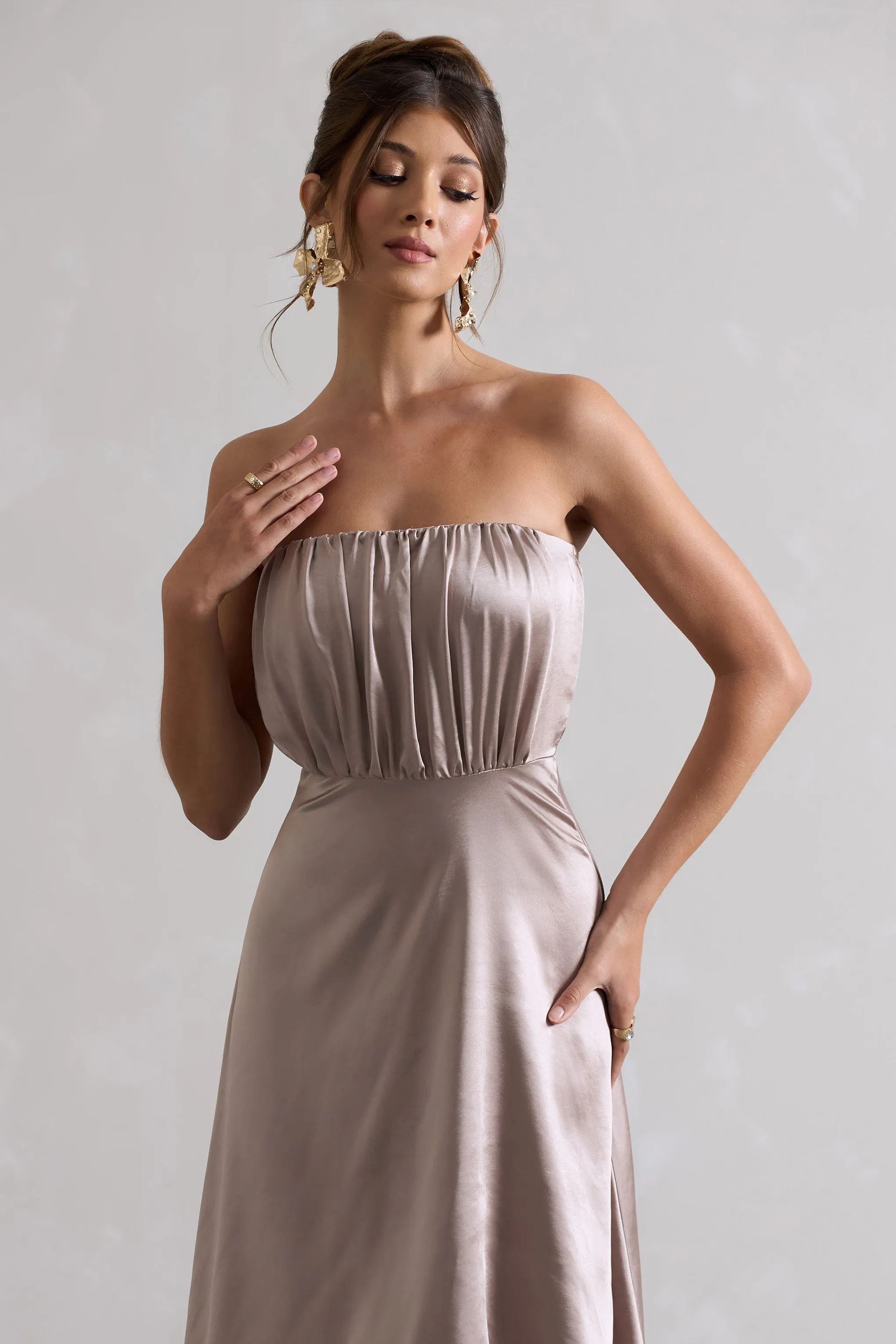 Willa | Taupe Satin Bandeau Maxi Dress With Asymmetric Hem sold by Club L London product image thumbnail 3