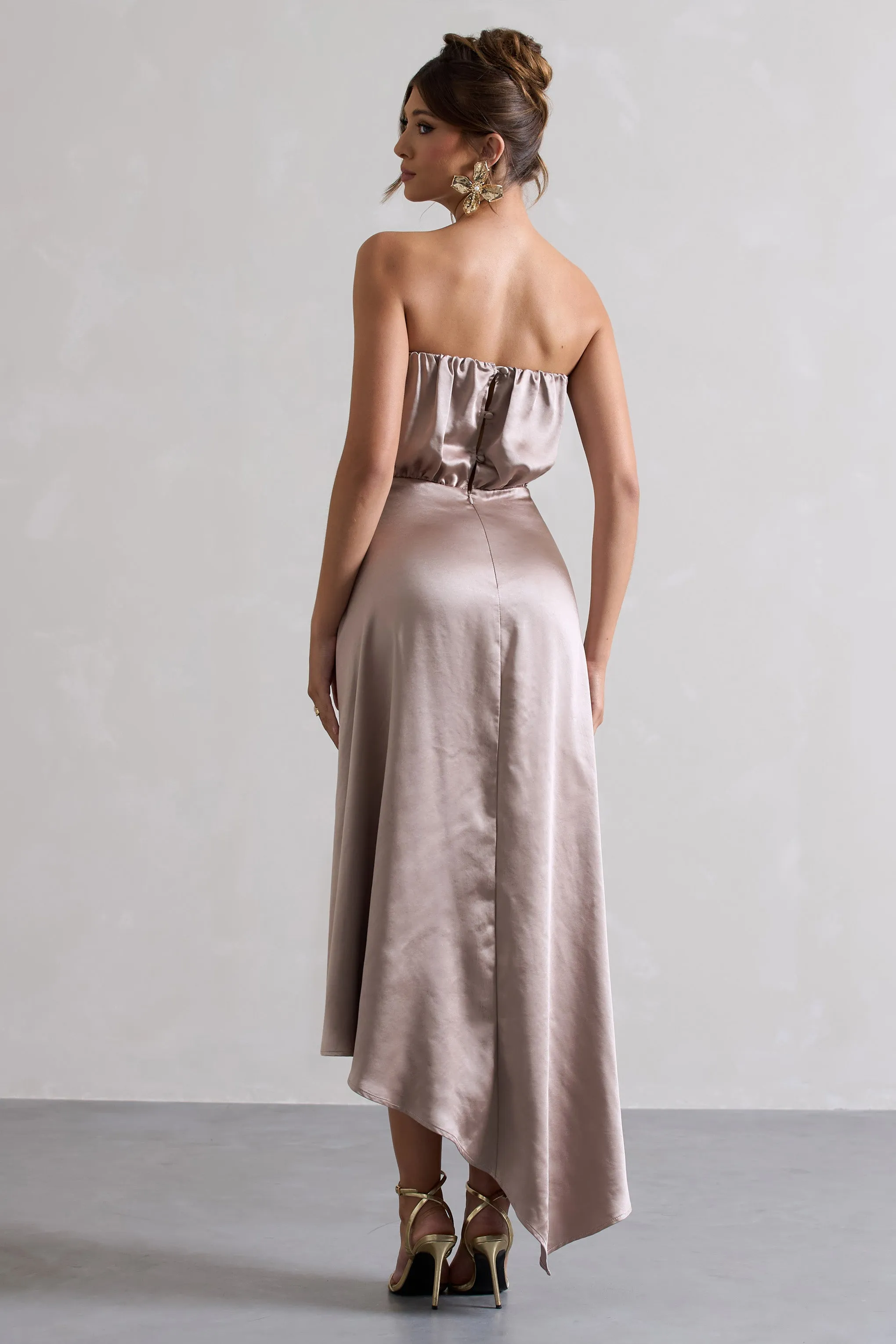 Willa | Taupe Satin Bandeau Maxi Dress With Asymmetric Hem sold by Club L London product image thumbnail 2