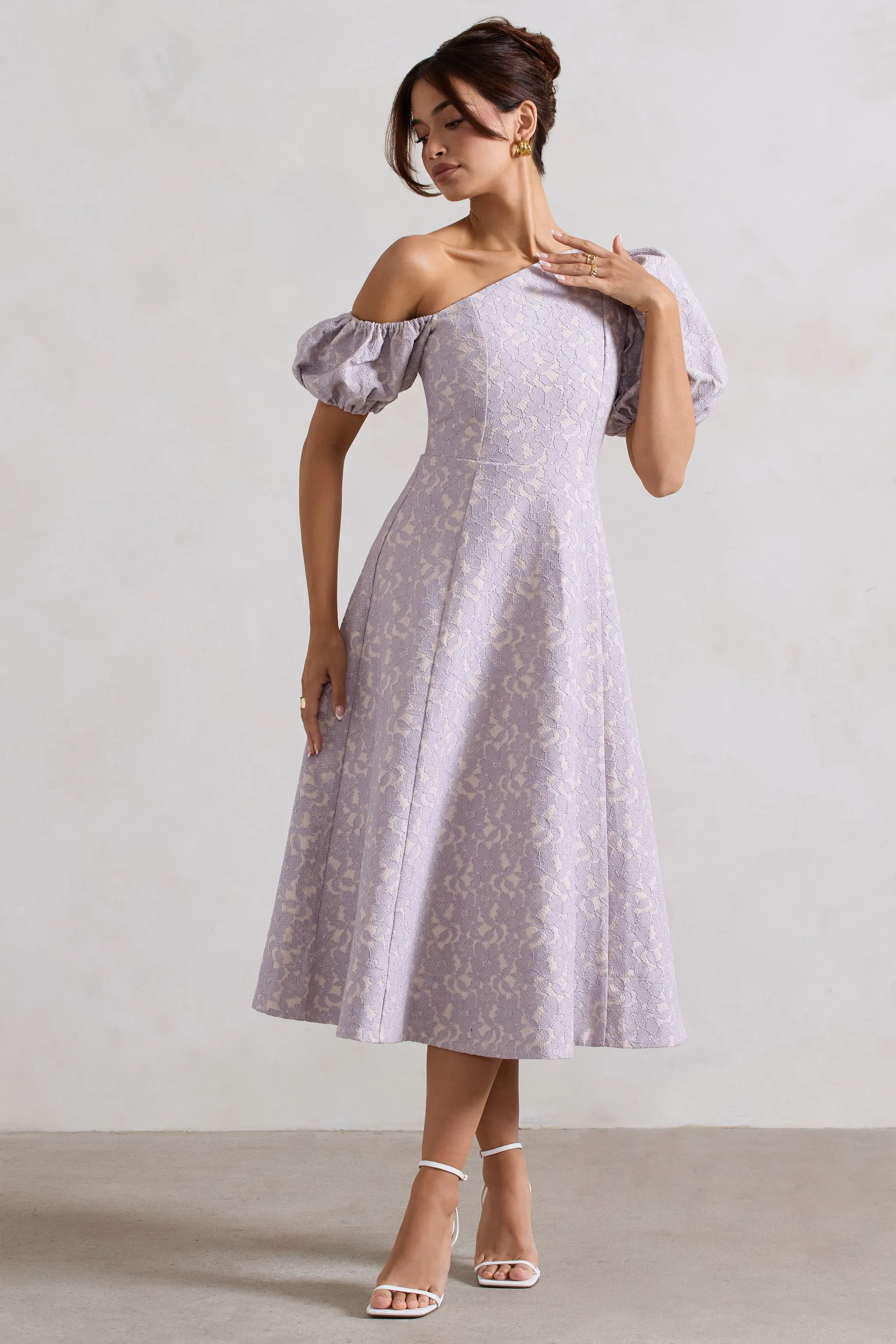 Lottie | Mauve Lace Asymmetric Puff-Sleeve Maxi Dress sold by Club L London product image thumbnail 5